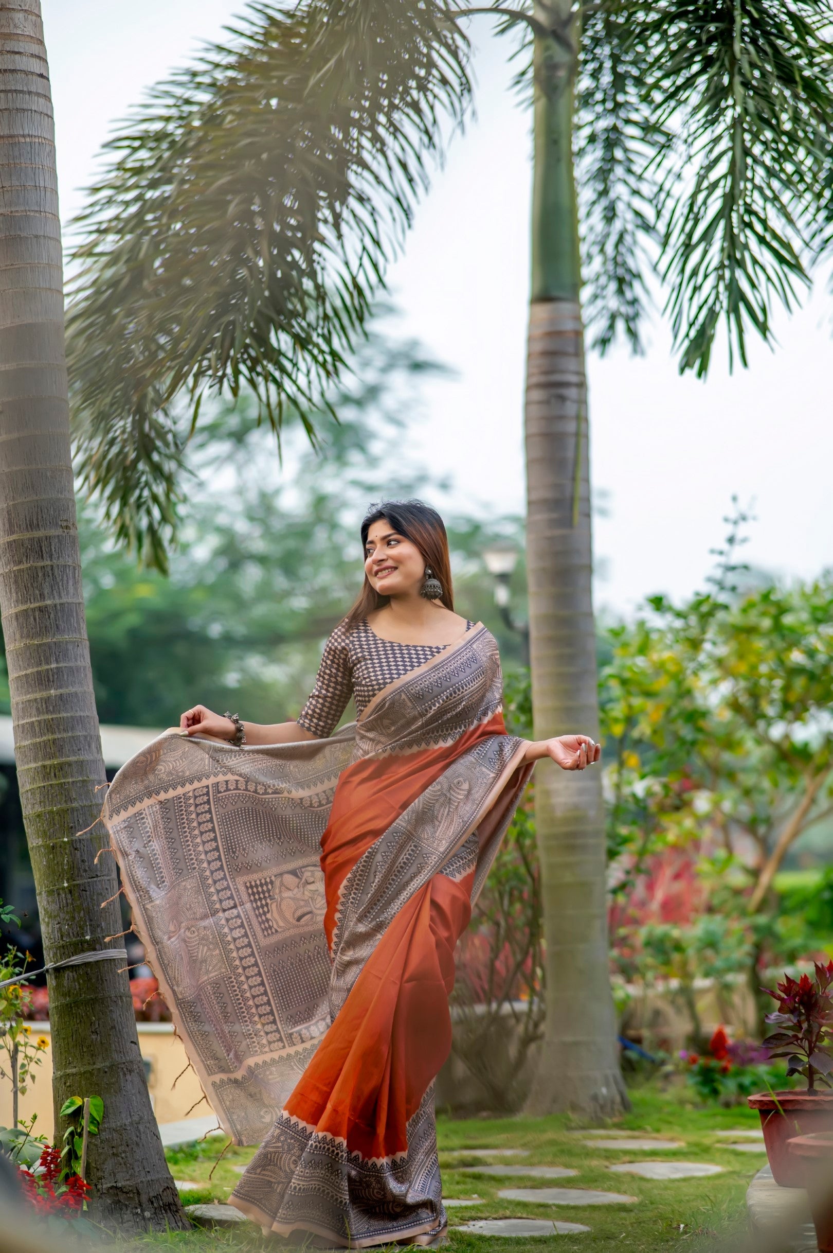 Buy MySilkLove Rust Orange Madhubani Printed Silk Saree Online