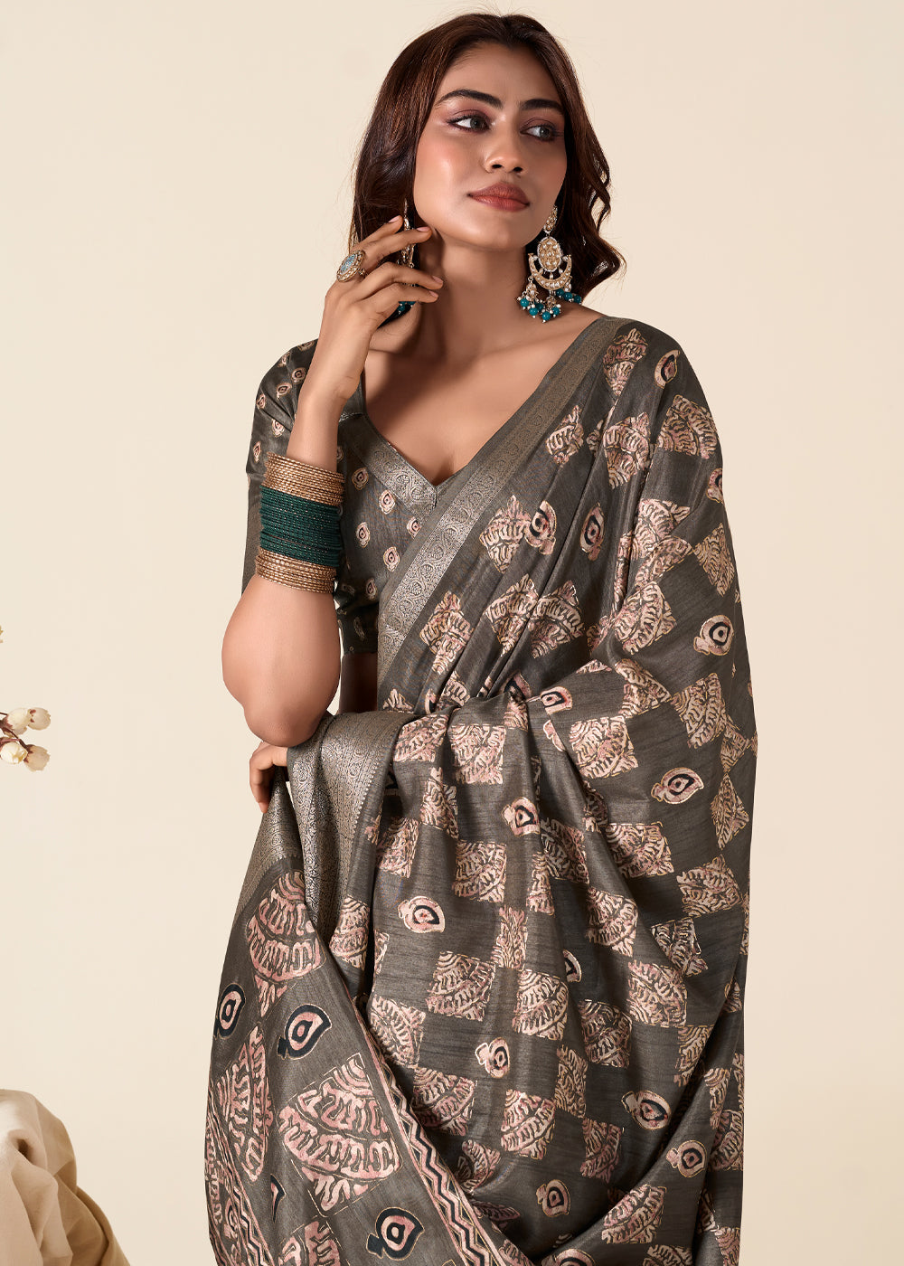 Buy MySilkLove Taupe Grey Banarasi Printed Soft Silk Saree Online