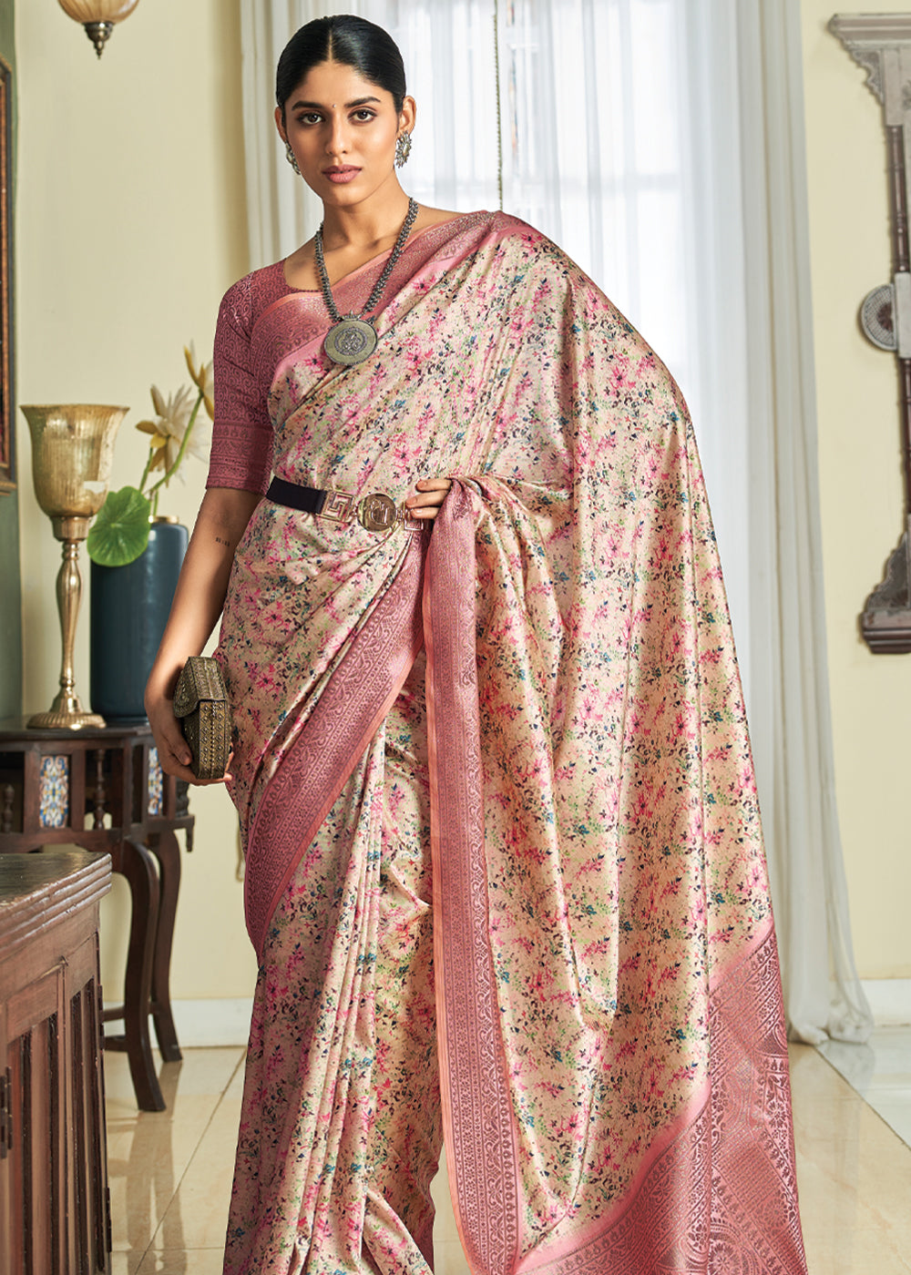 Buy MySilkLove Tonys Pink Woven Banarasi Satin Silk Saree Online