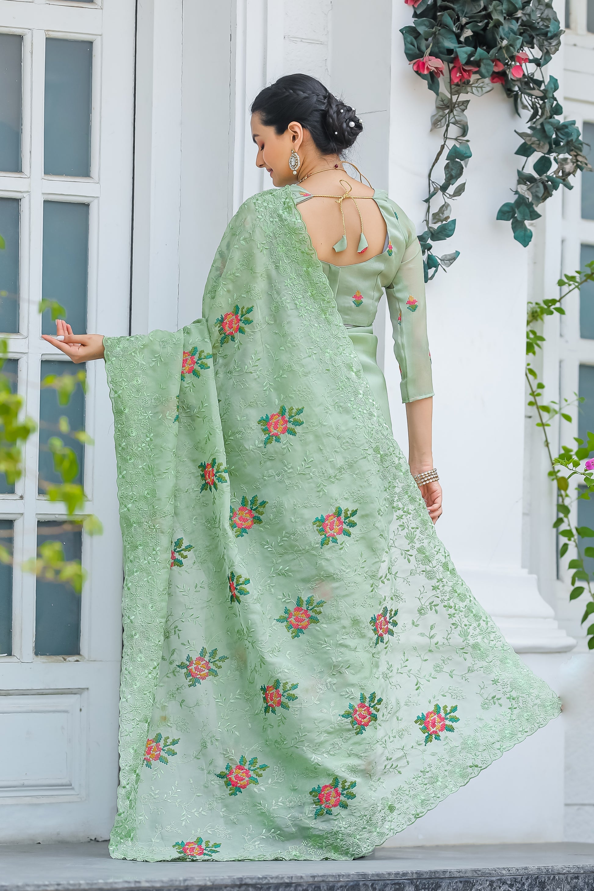 Buy MySilkLove Pastel Green Embroidered Chiffon Silk Saree Online