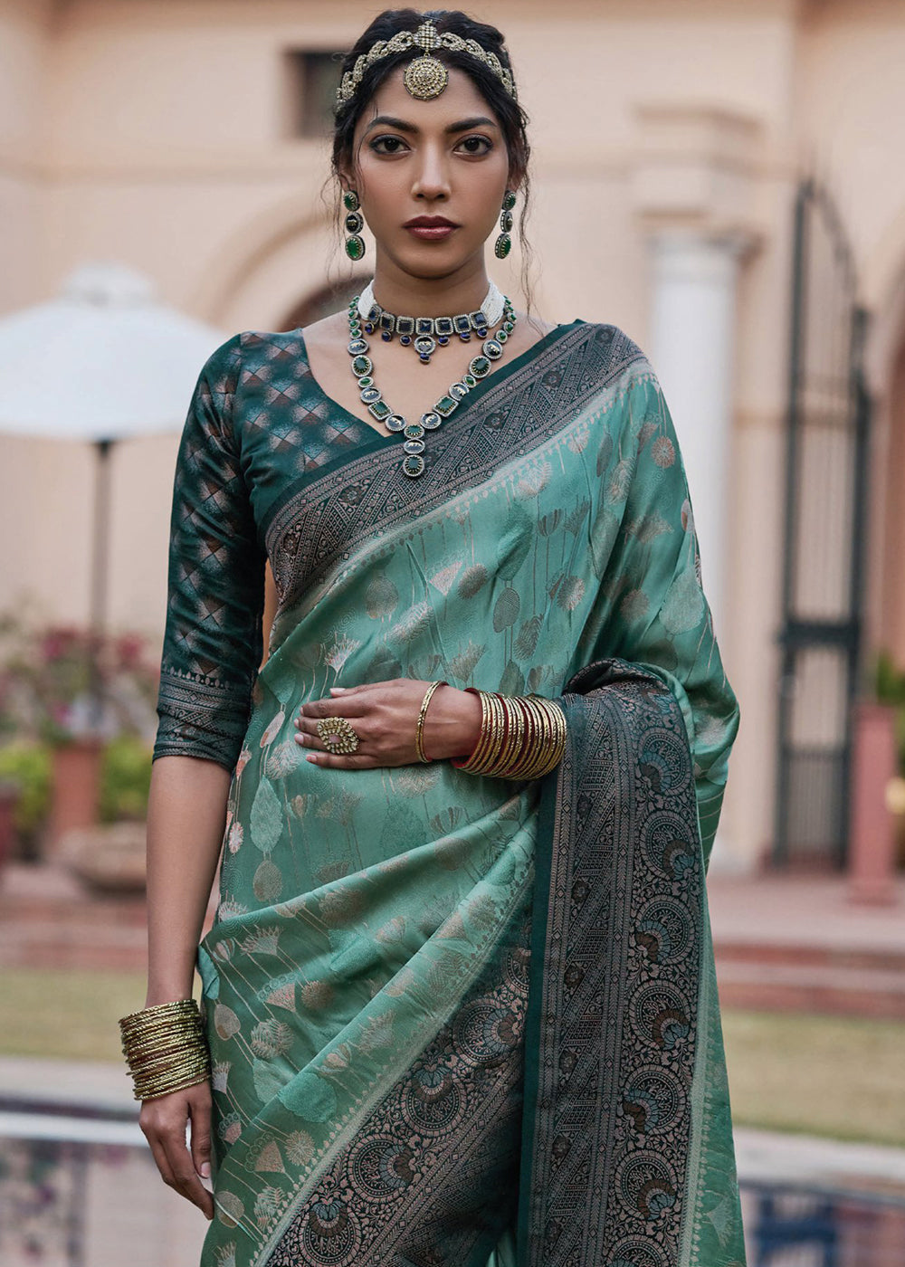 Buy MySilkLove Stromboli Green Designer Satin Silk Saree Online