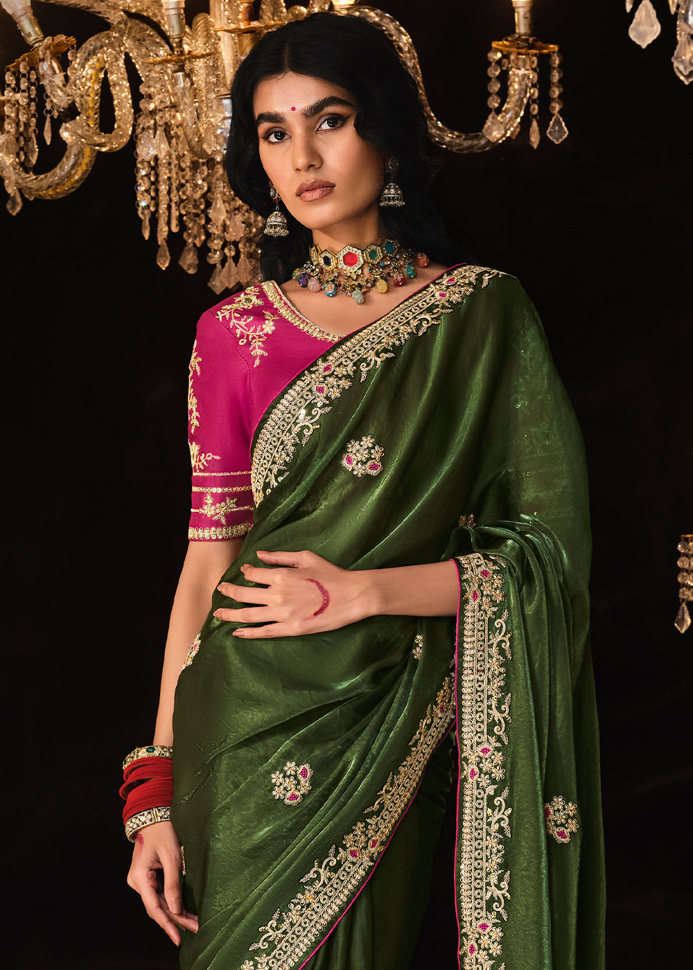 Buy MySilkLove Verdigris Green Embroidered Designer Satin Silk Saree Online