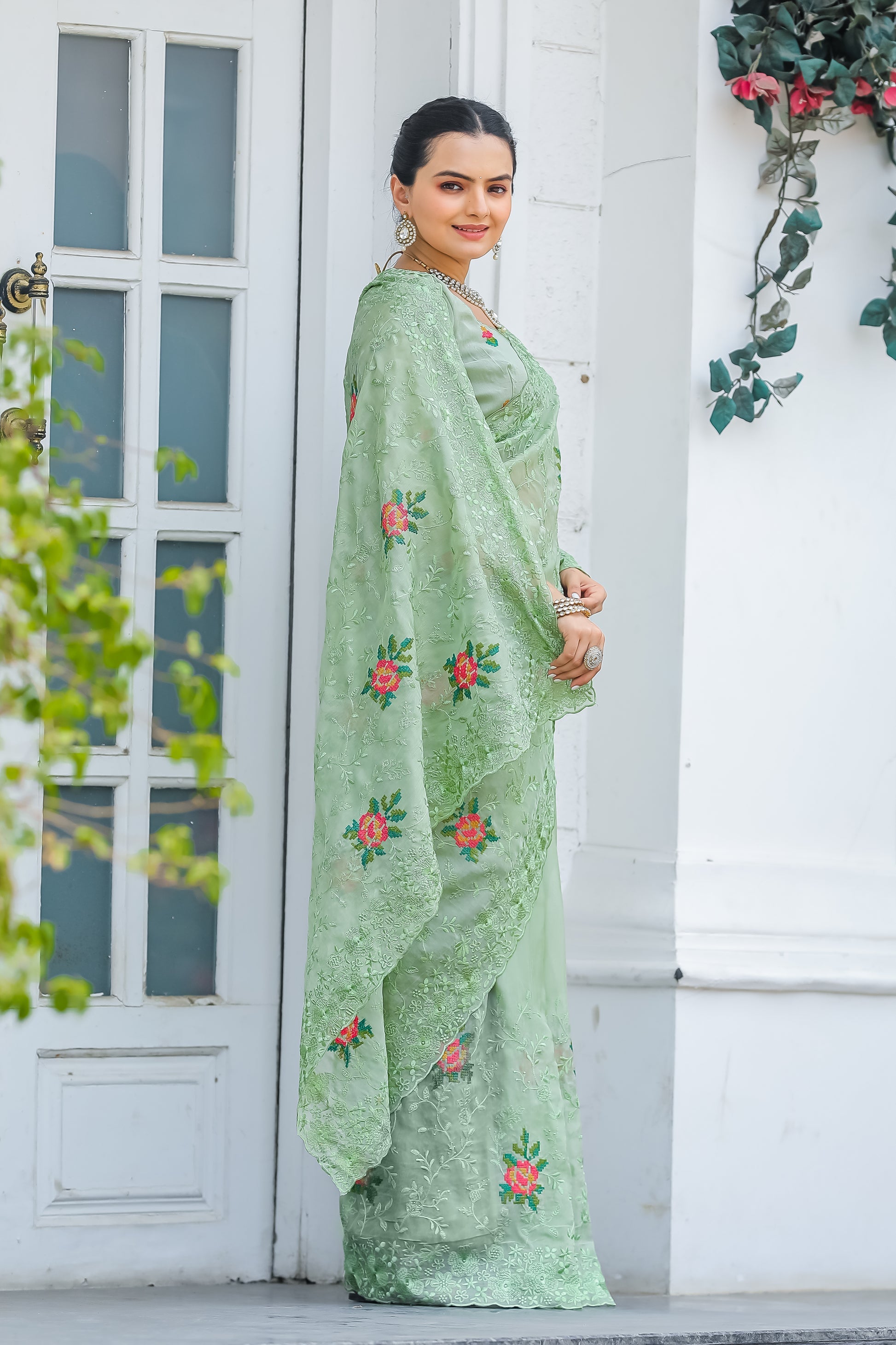 Buy MySilkLove Pastel Green Embroidered Chiffon Silk Saree Online