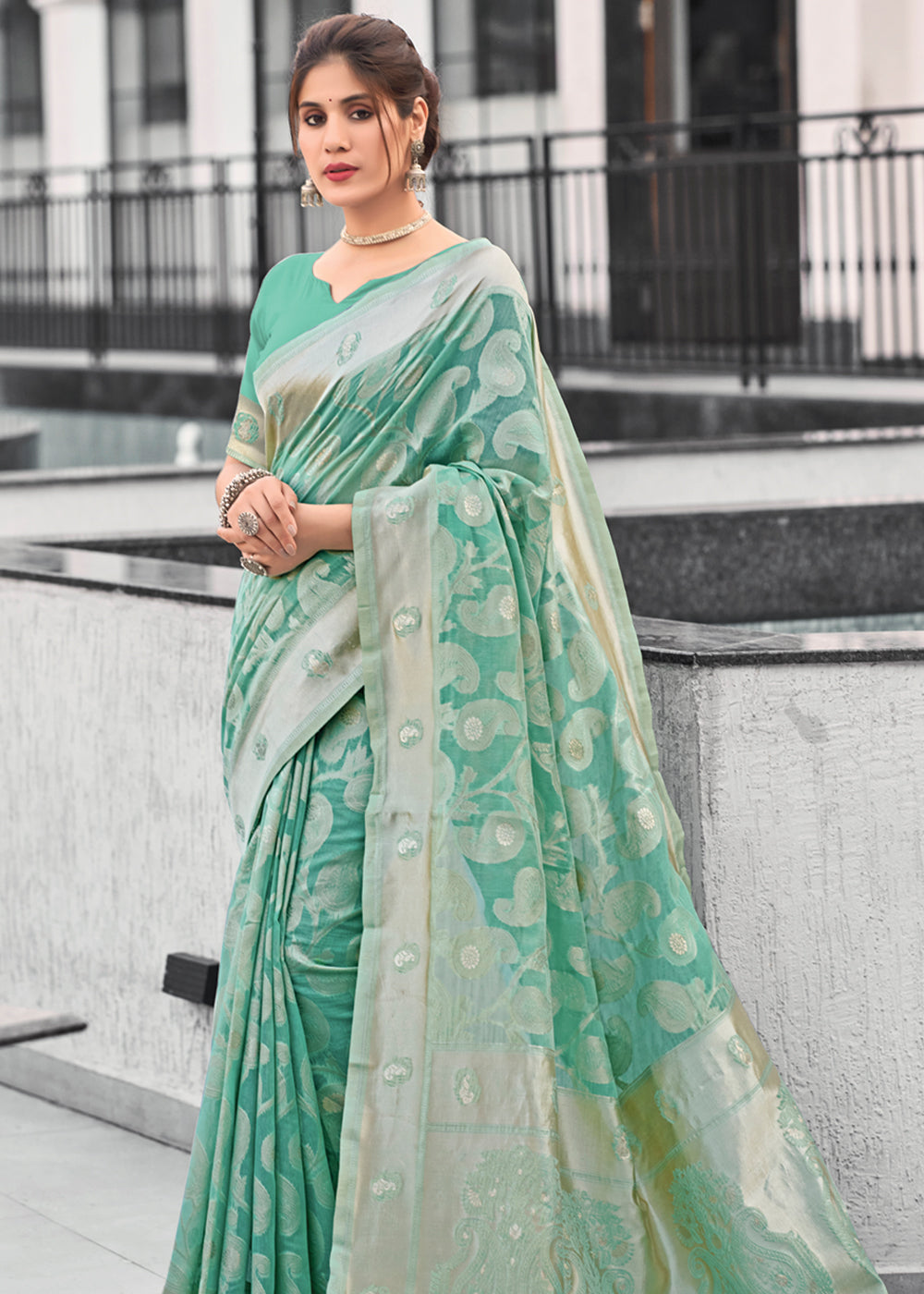 Buy MySilkLove Pastel Green Lucknowi Linen Cotton Saree Online