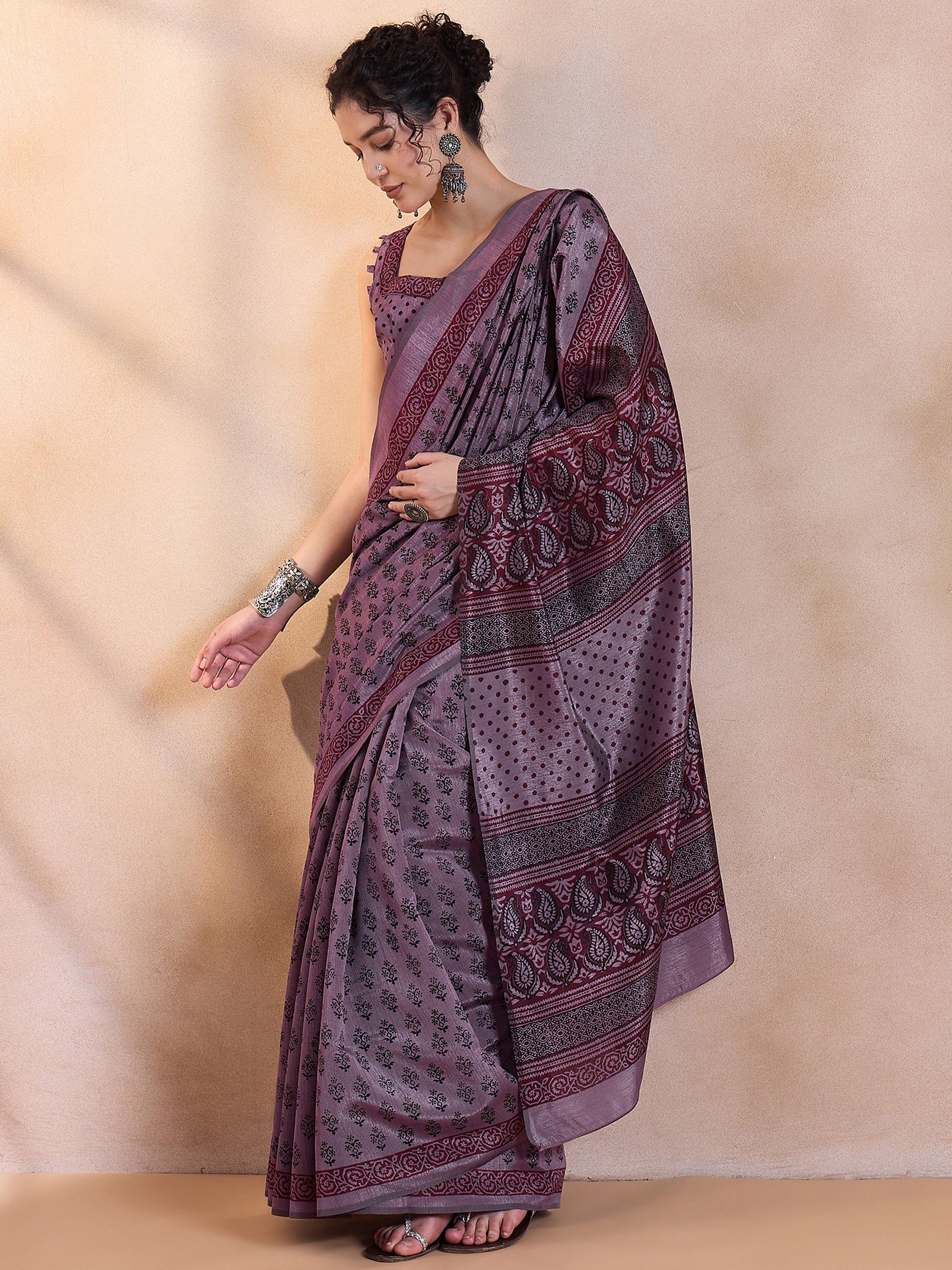 Buy MySilkLove Eggplant Purple Printed Dola Silk Saree Online