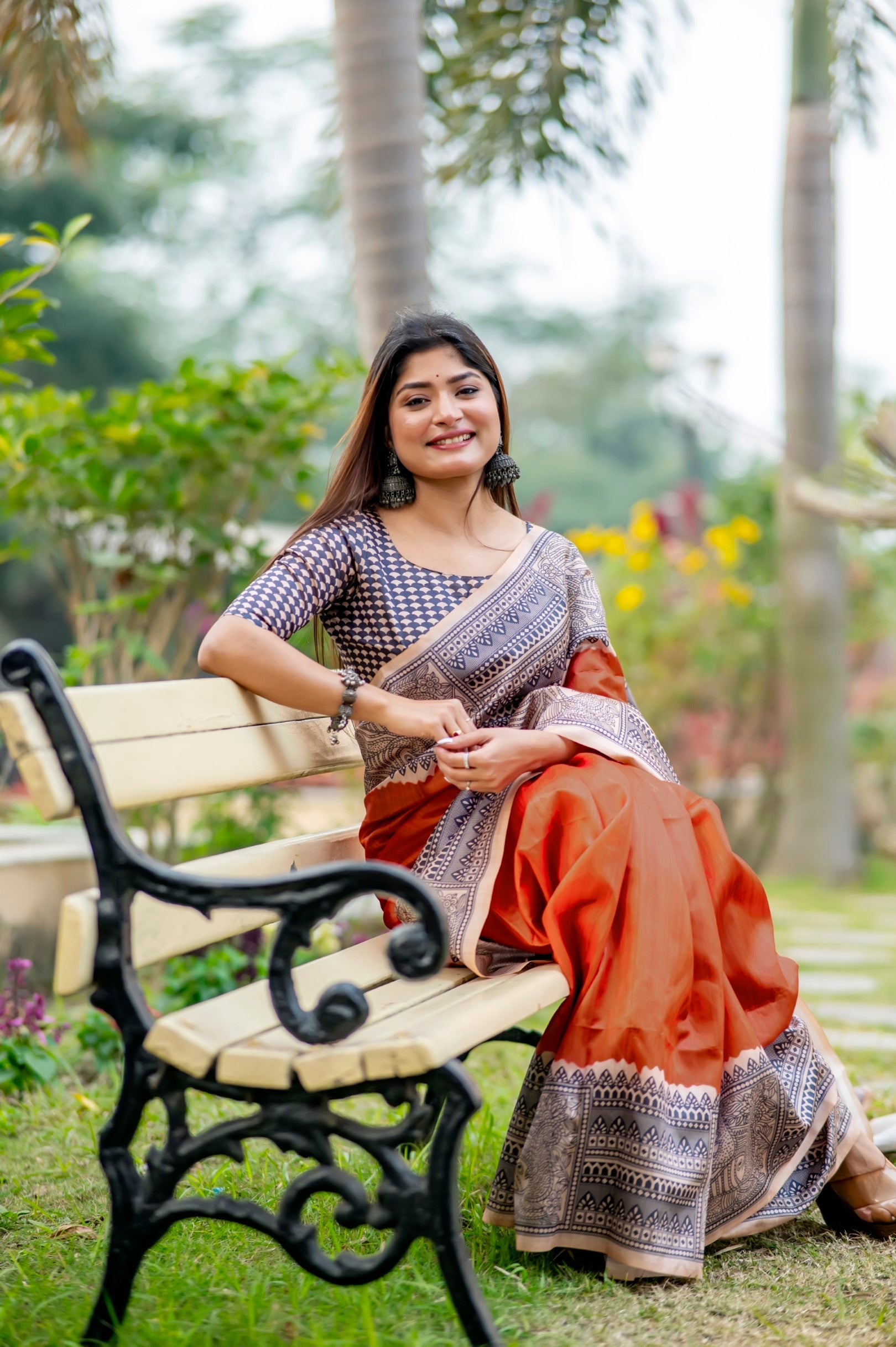 Buy MySilkLove Rust Orange Madhubani Printed Silk Saree Online