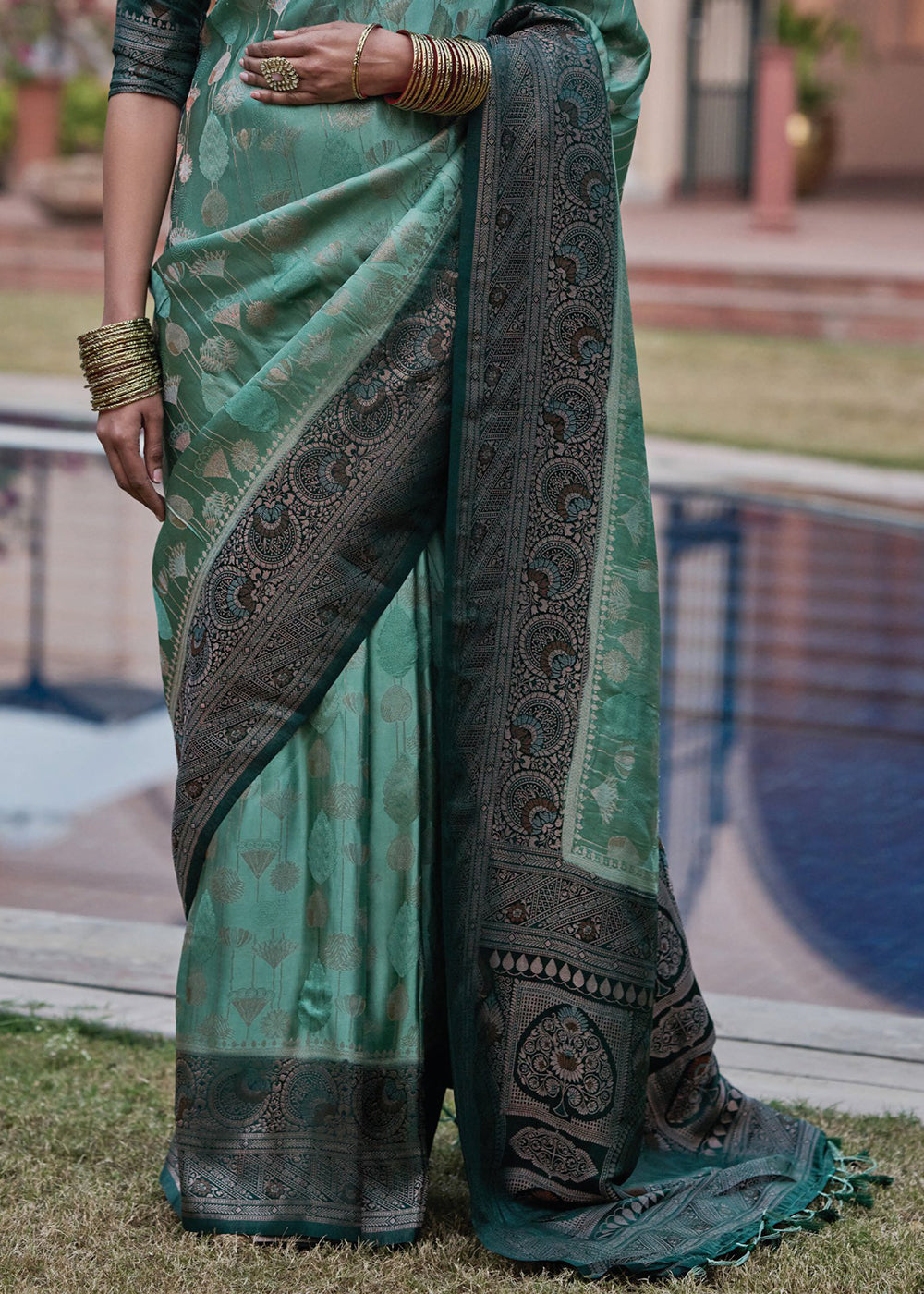 Buy MySilkLove Stromboli Green Designer Satin Silk Saree Online