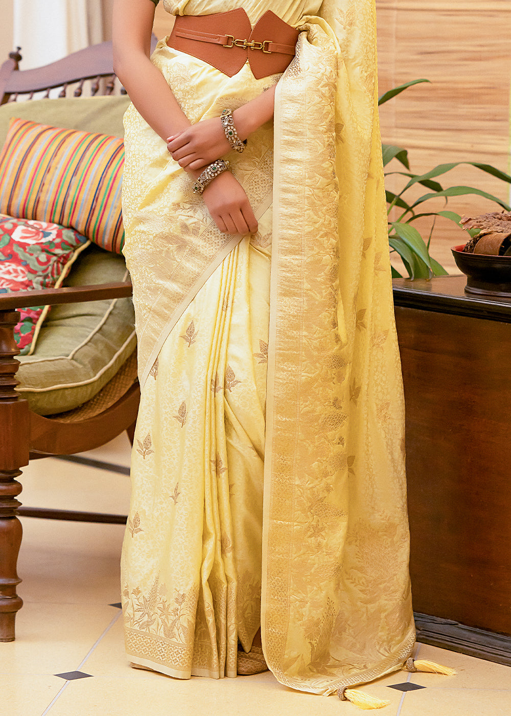 Buy MySilkLove Half Colonial Yellow Woven Satin Silk Saree Online