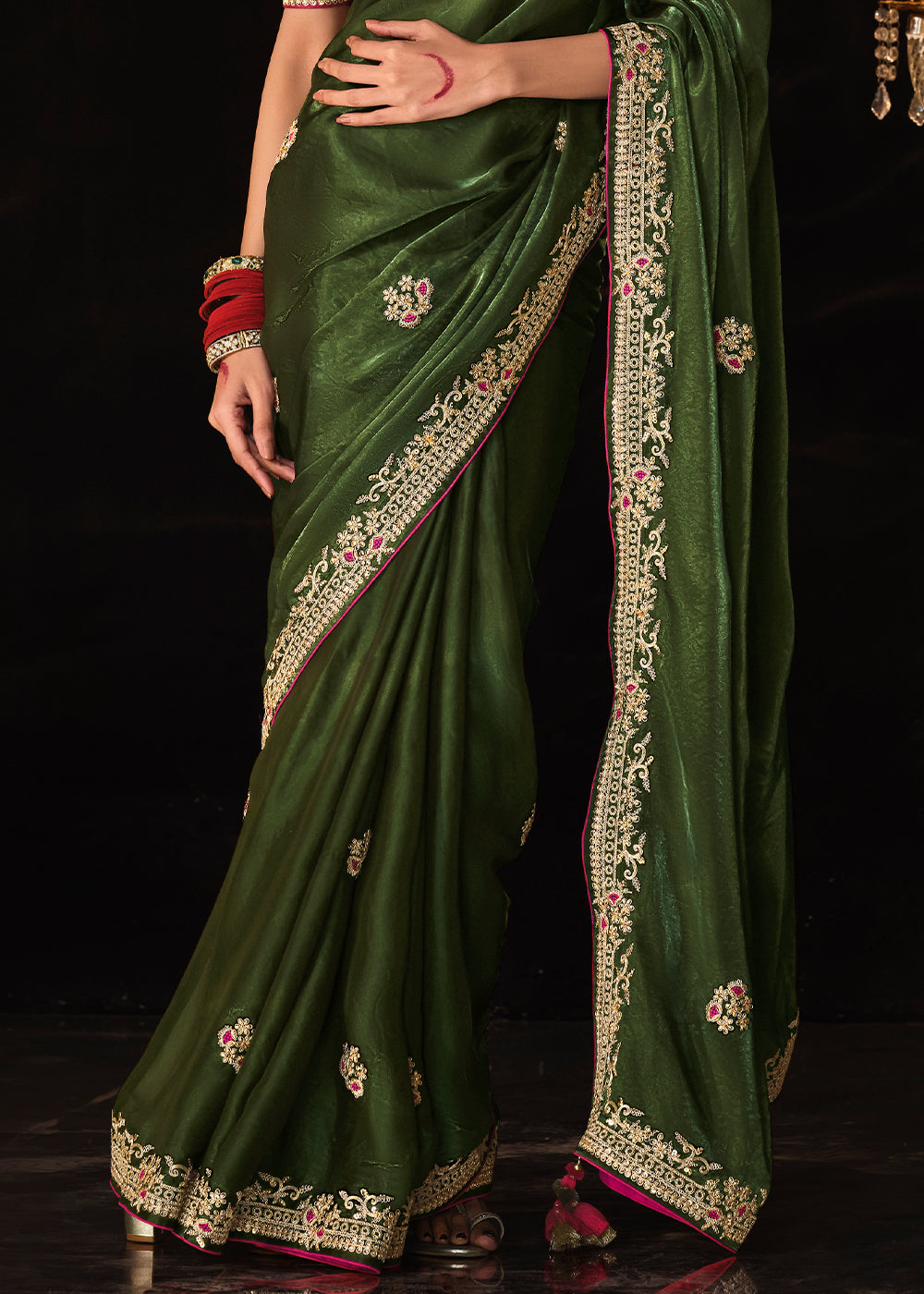 Buy MySilkLove Verdigris Green Embroidered Designer Satin Silk Saree Online