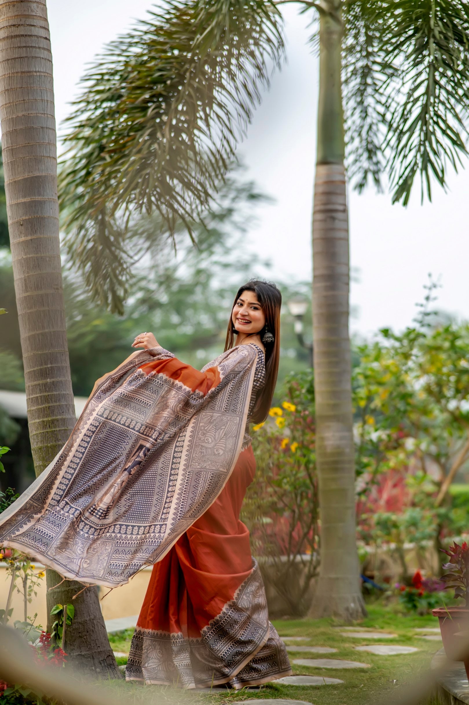 Buy MySilkLove Rust Orange Madhubani Printed Silk Saree Online