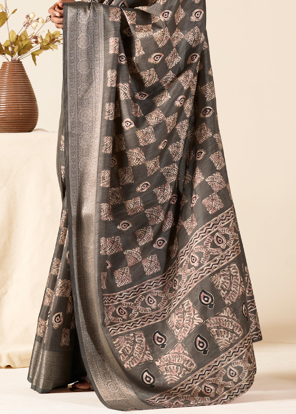 Buy MySilkLove Taupe Grey Banarasi Printed Soft Silk Saree Online