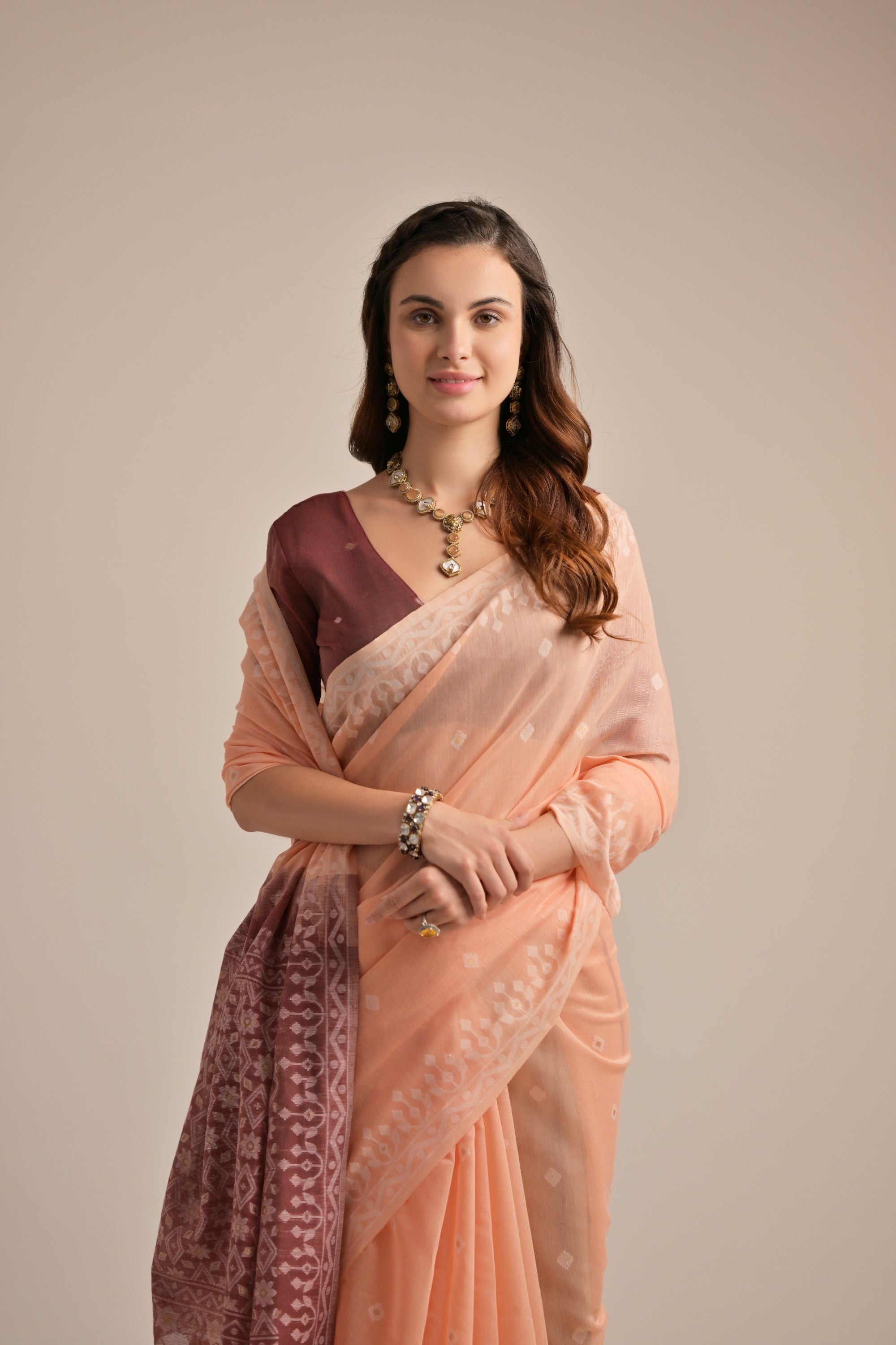 Buy MySilkLove Rose Bud Peach Lucknowi Woven Muga Cotton Saree Online