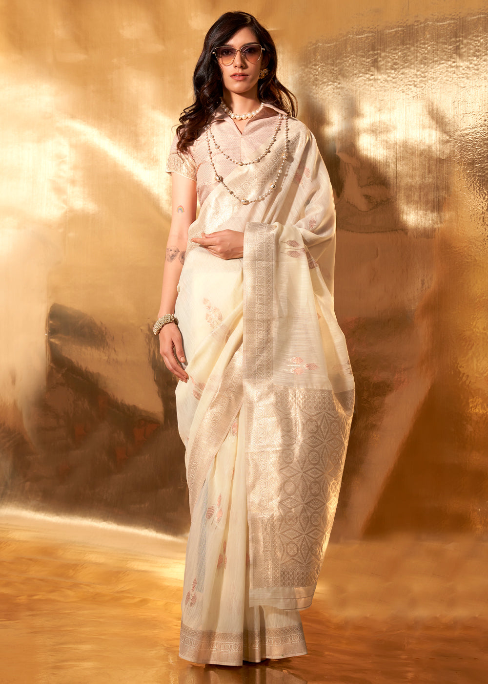 Buy MySilkLove Cameo Cream Handloom Linen Cotton Saree Online