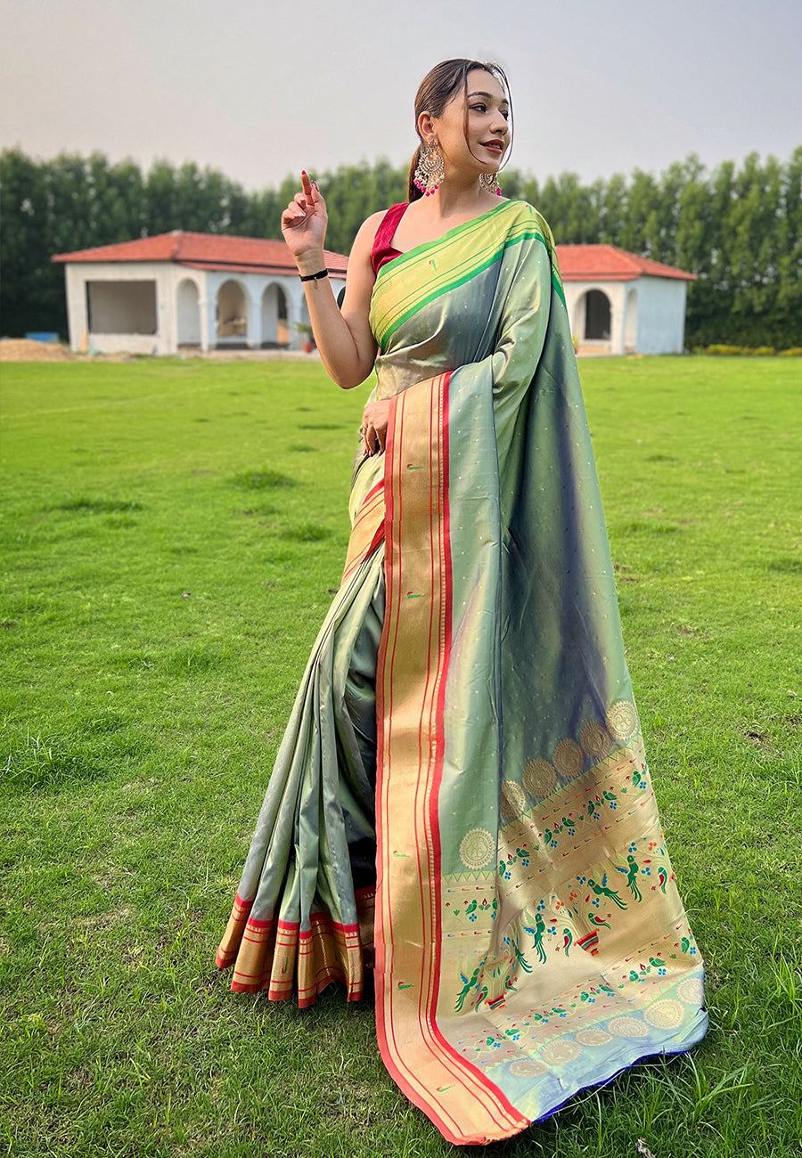 Buy MySilkLove Mist Green Woven Paithani Saree Online