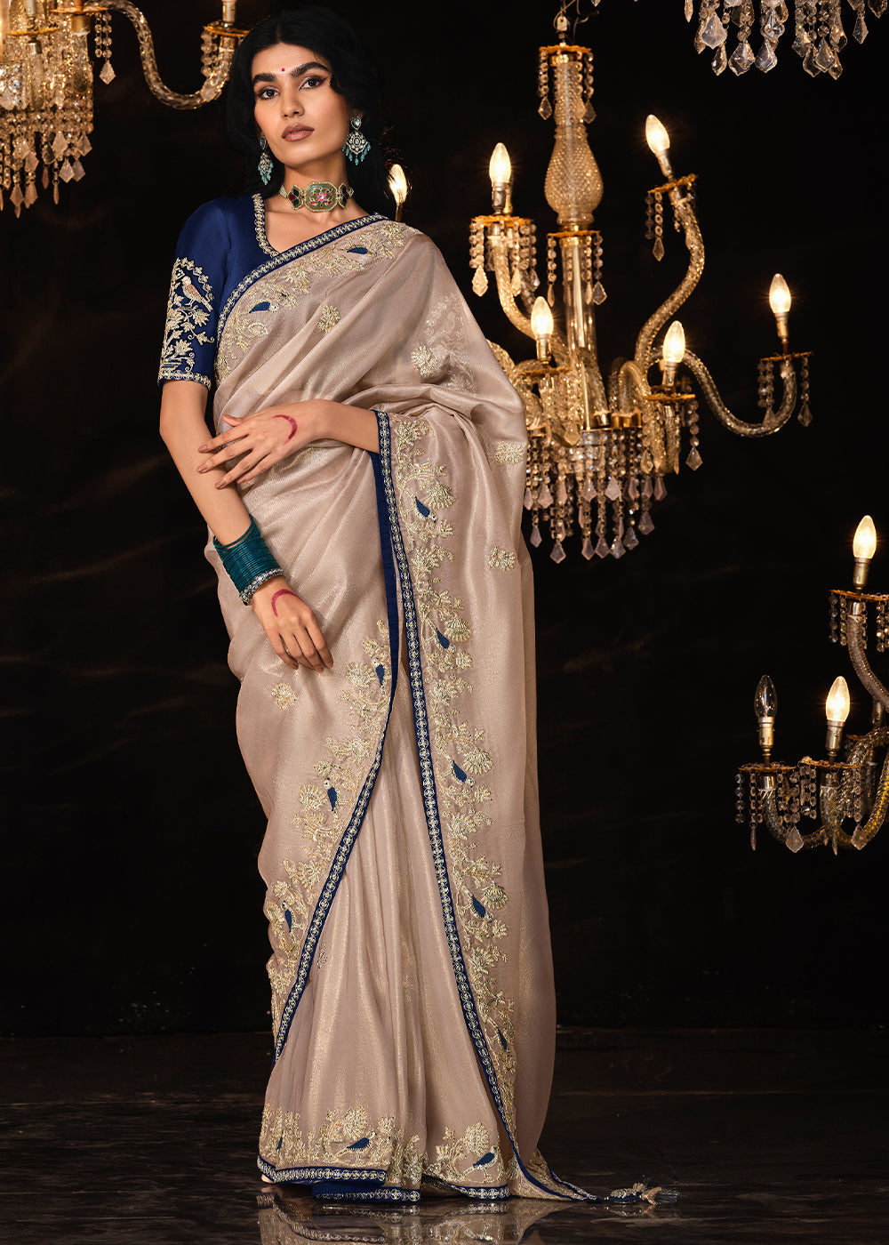 Buy MySilkLove Dairy Cream Embroidered Designer Satin Silk Saree Online