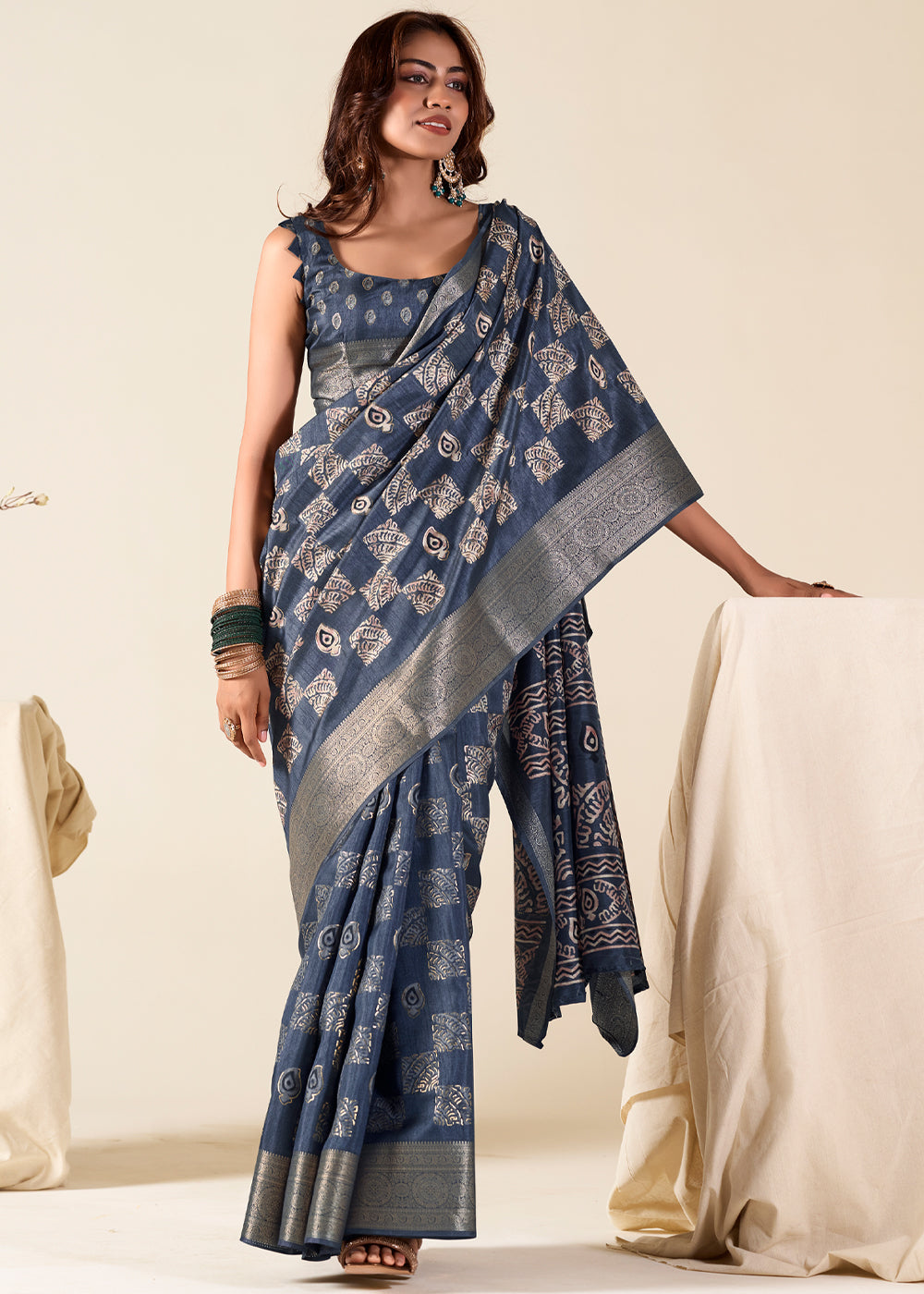 Buy MySilkLove River Bed Blue Banarasi Printed Soft Silk Saree Online