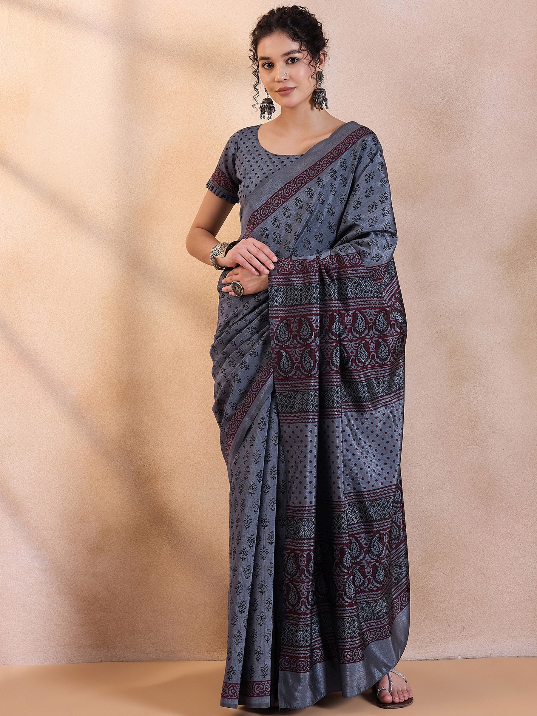 Buy MySilkLove Ship Grey Printed Dola Silk Saree Online