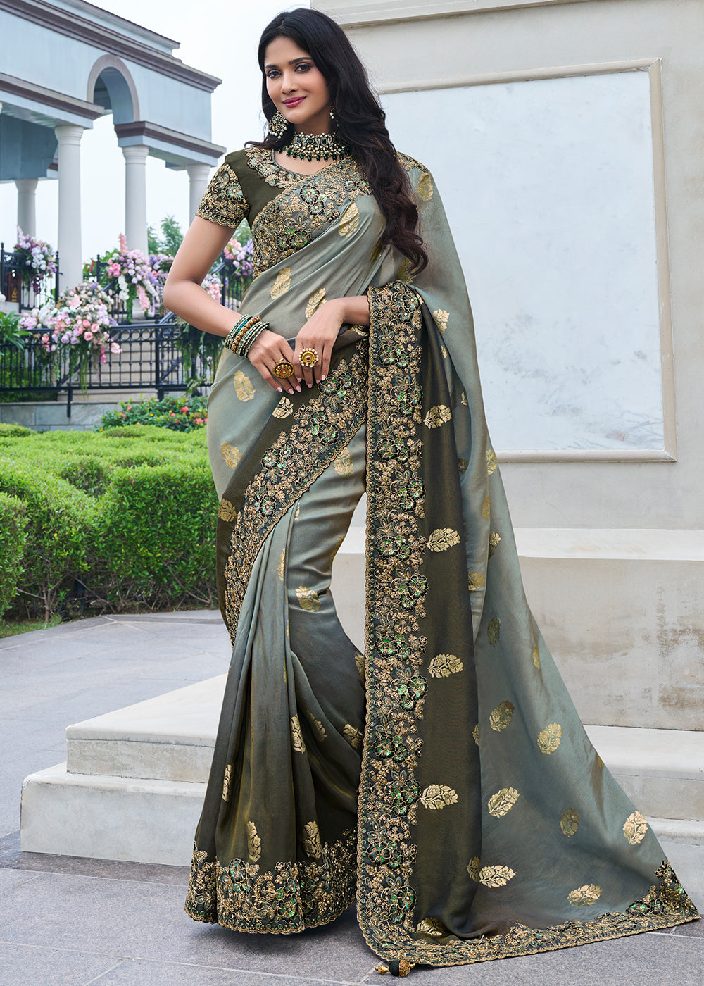 Buy MySilkLove Fossil Grey Embroidered Designer Silk Saree Online