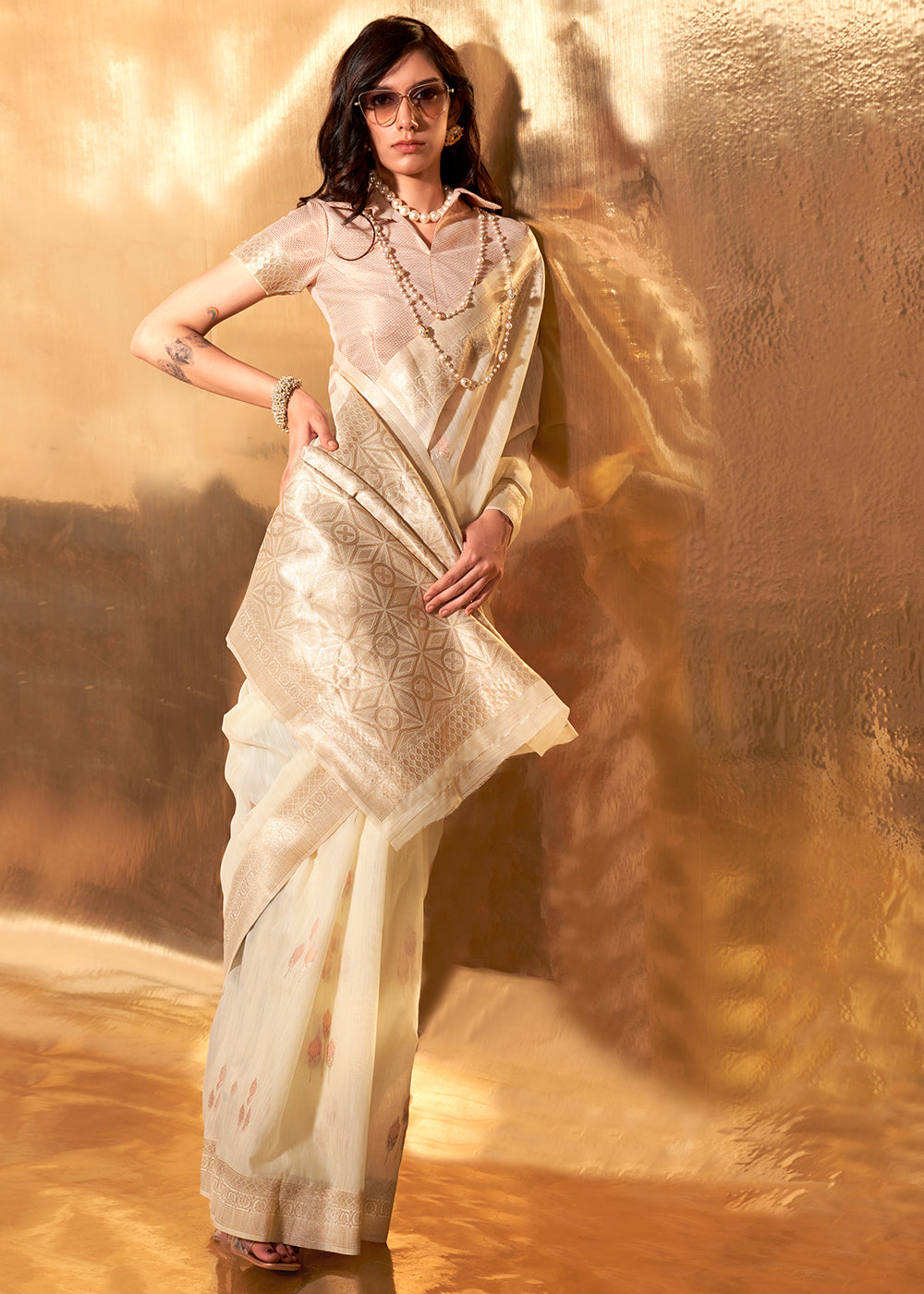 Buy MySilkLove Cameo Cream Handloom Linen Cotton Saree Online