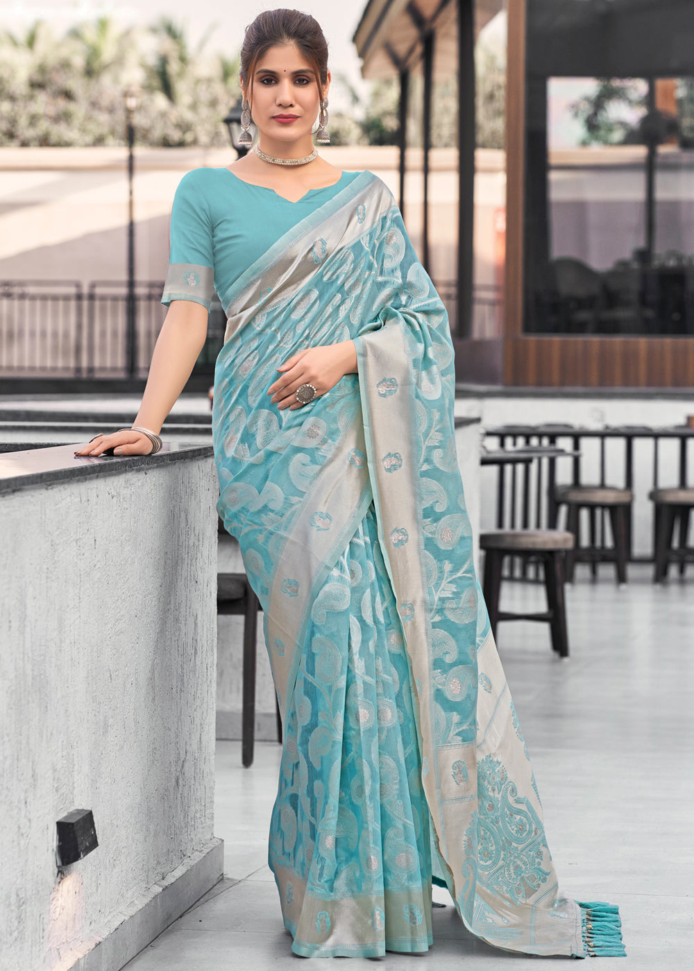 Buy MySilkLove Sea Blue Lucknowi Linen Cotton Saree Online