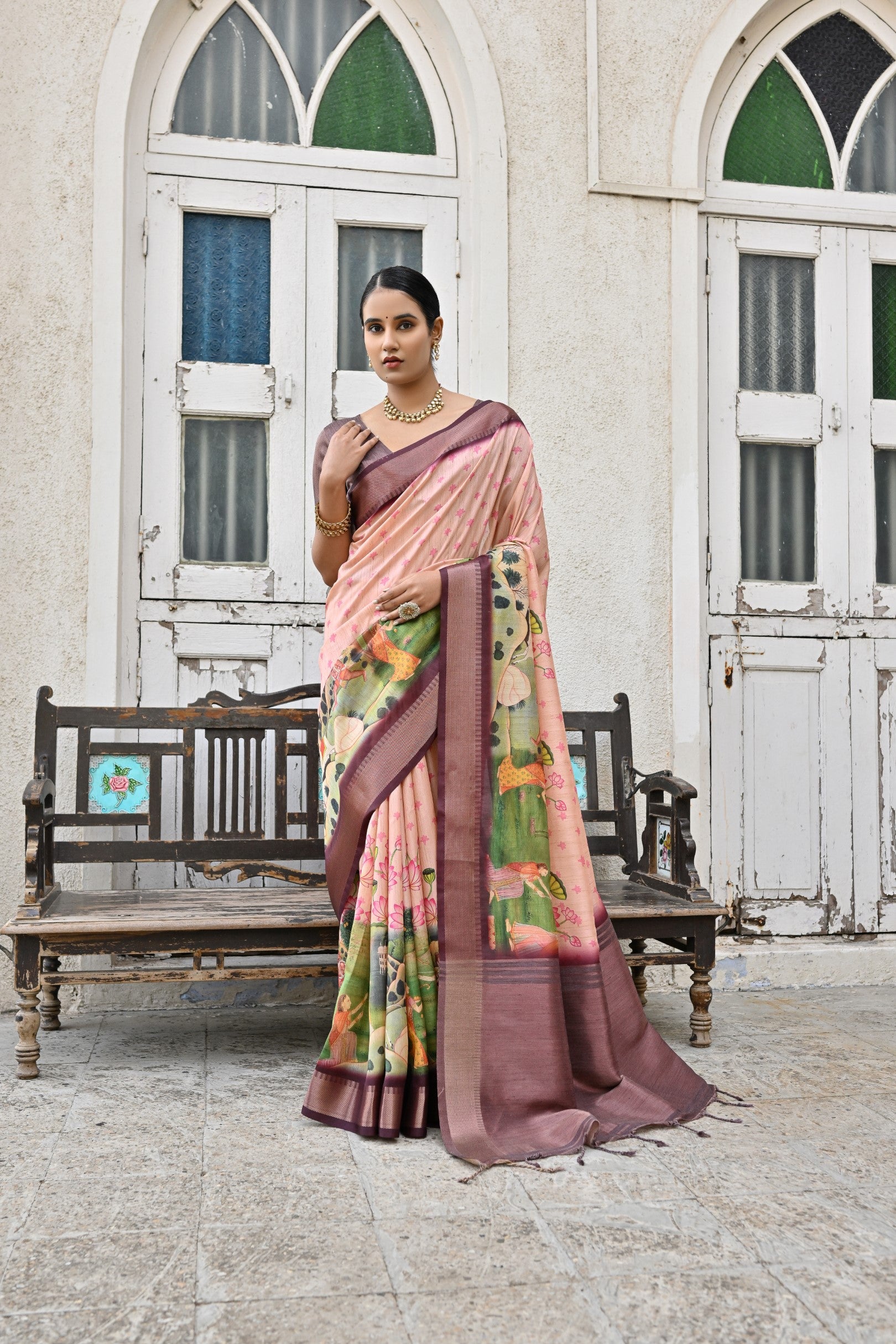 Buy MySilkLove Eunry Peach and Purple Tussar Printed Silk Saree Online