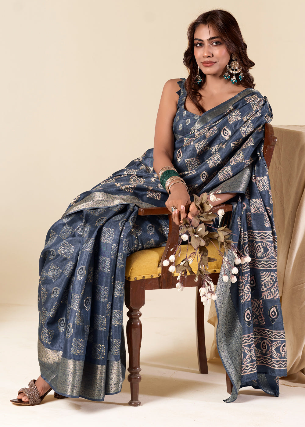 Buy MySilkLove River Bed Blue Banarasi Printed Soft Silk Saree Online