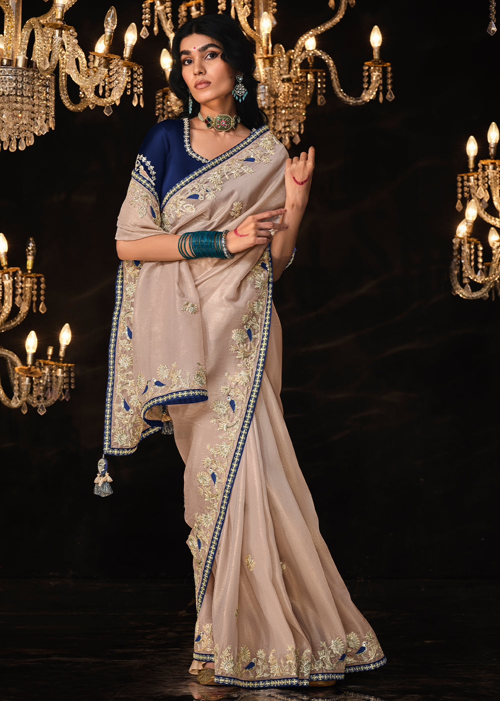 Buy MySilkLove Dairy Cream Embroidered Designer Satin Silk Saree Online