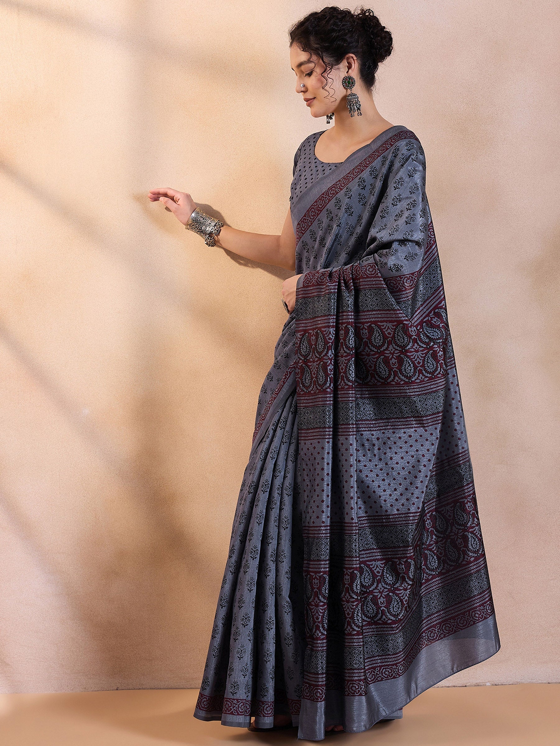 Buy MySilkLove Ship Grey Printed Dola Silk Saree Online