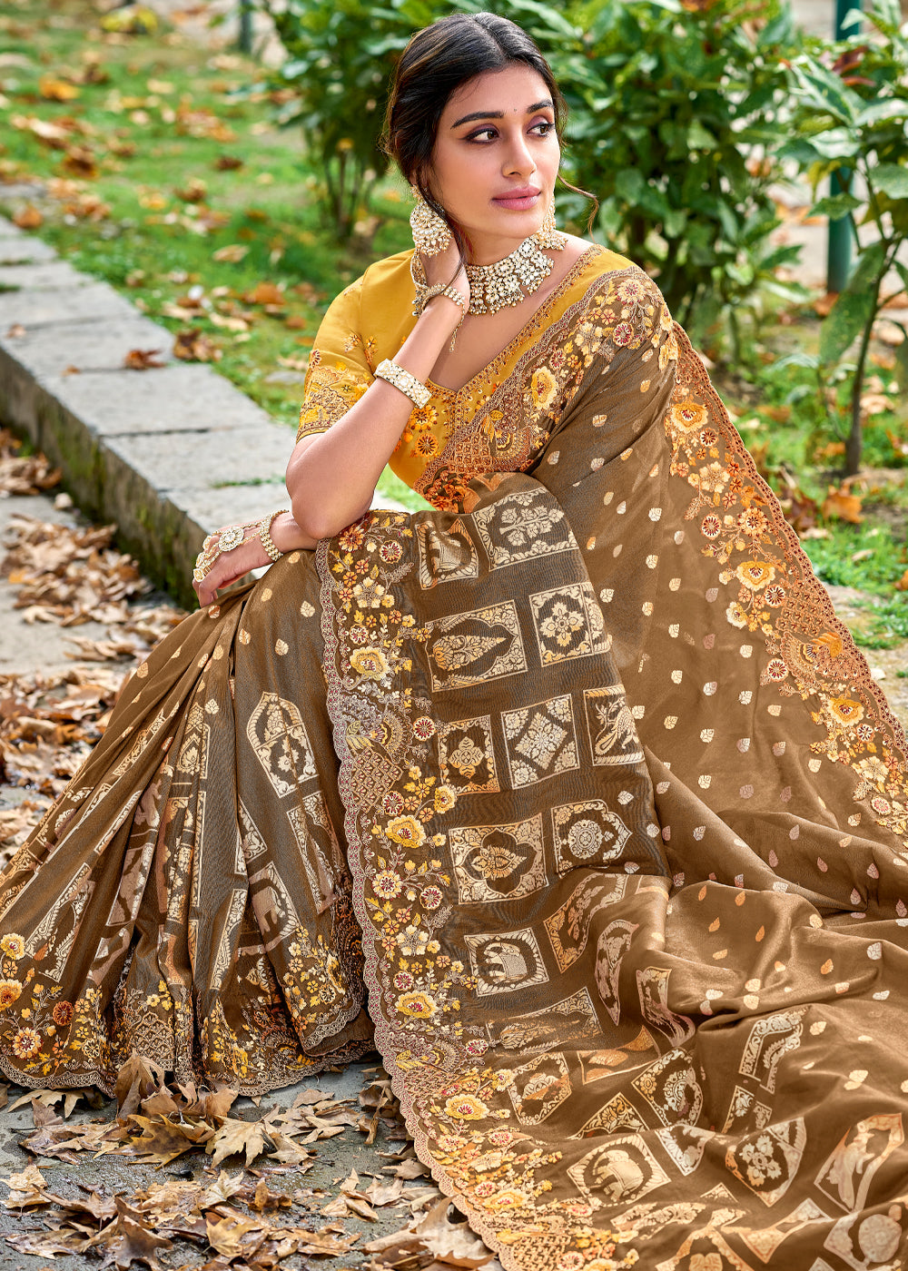 Buy MySilkLove Russet Brown Woven Designer Banarasi Embroidered Silk Saree Online