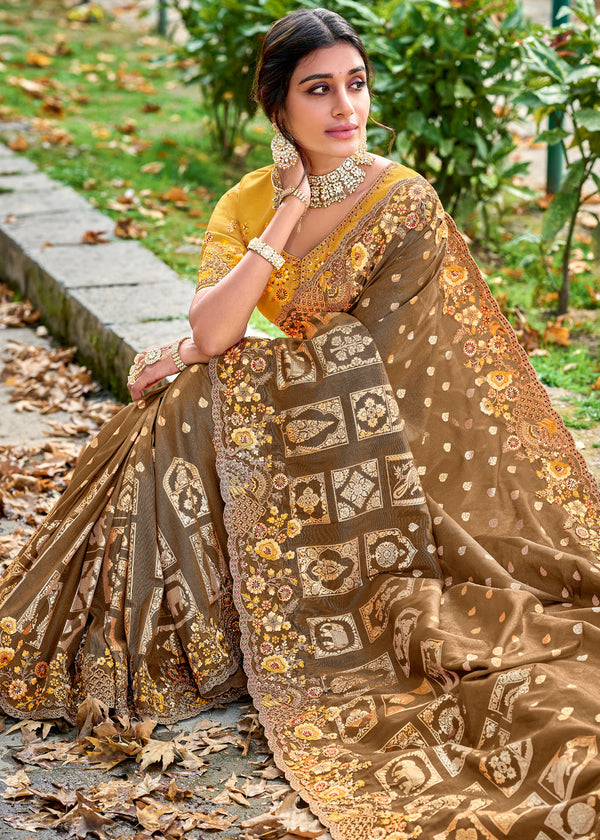 Russet Brown Woven Designer Banarasi Embroidered Silk Saree