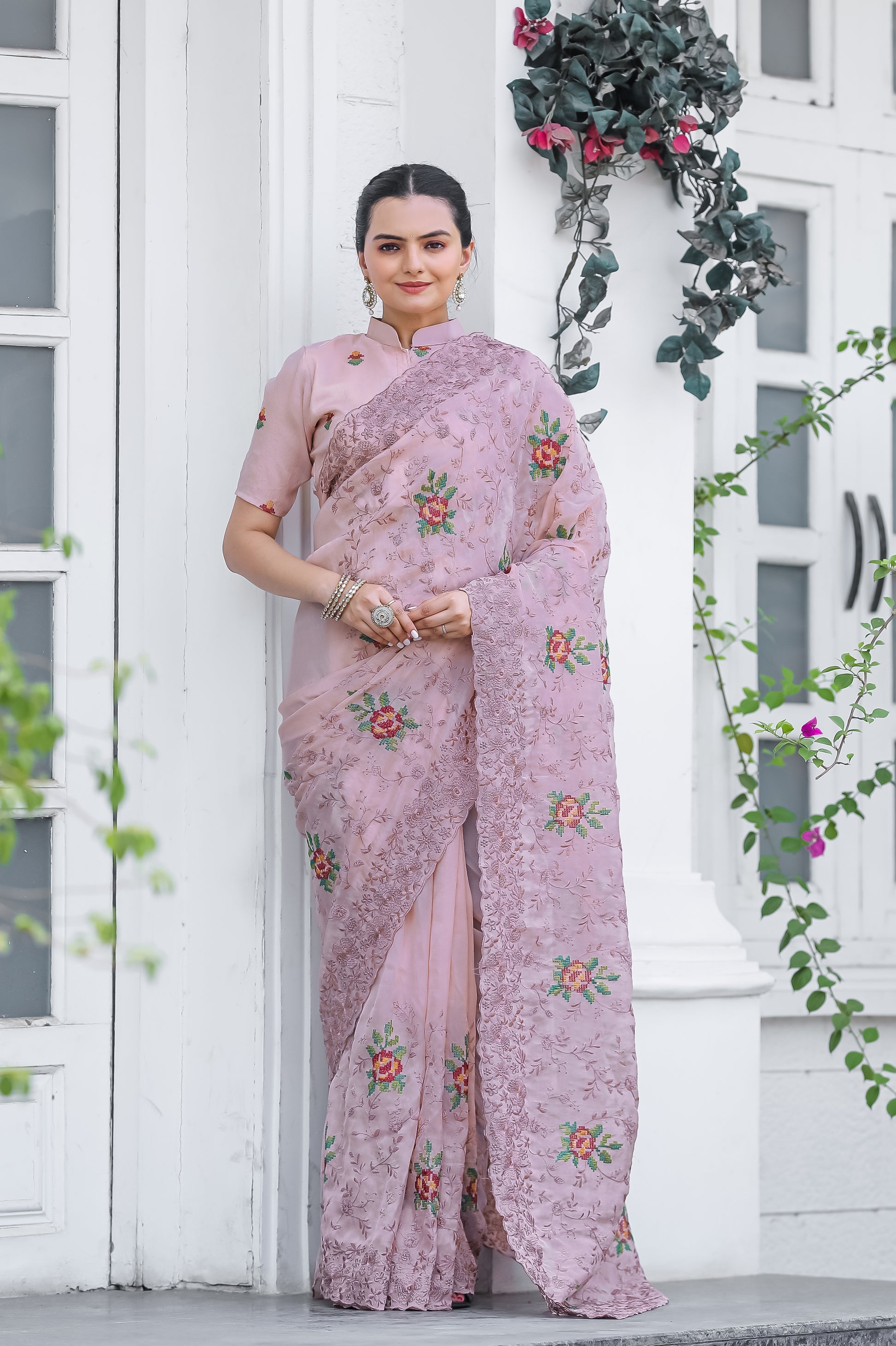 Buy MySilkLove Old Pink Embroidered Chiffon Silk Saree Online