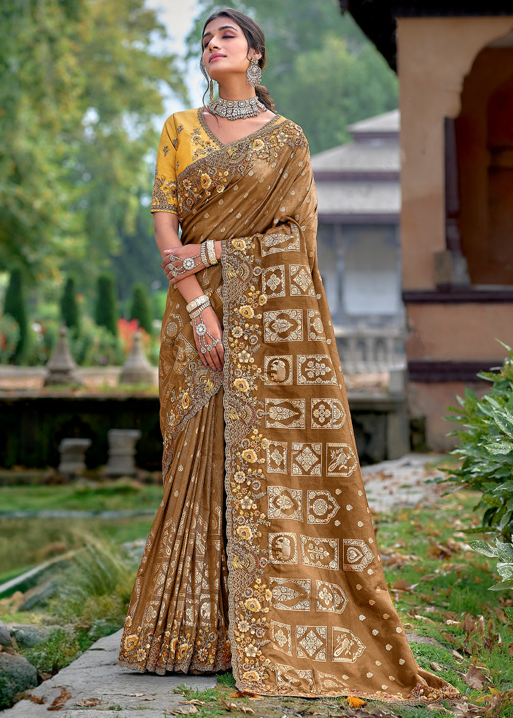 Buy MySilkLove Russet Brown Woven Designer Banarasi Embroidered Silk Saree Online