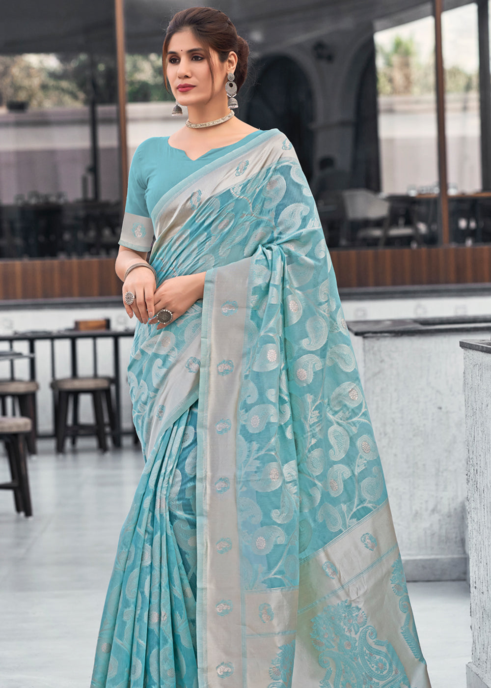 Buy MySilkLove Sea Blue Lucknowi Linen Cotton Saree Online