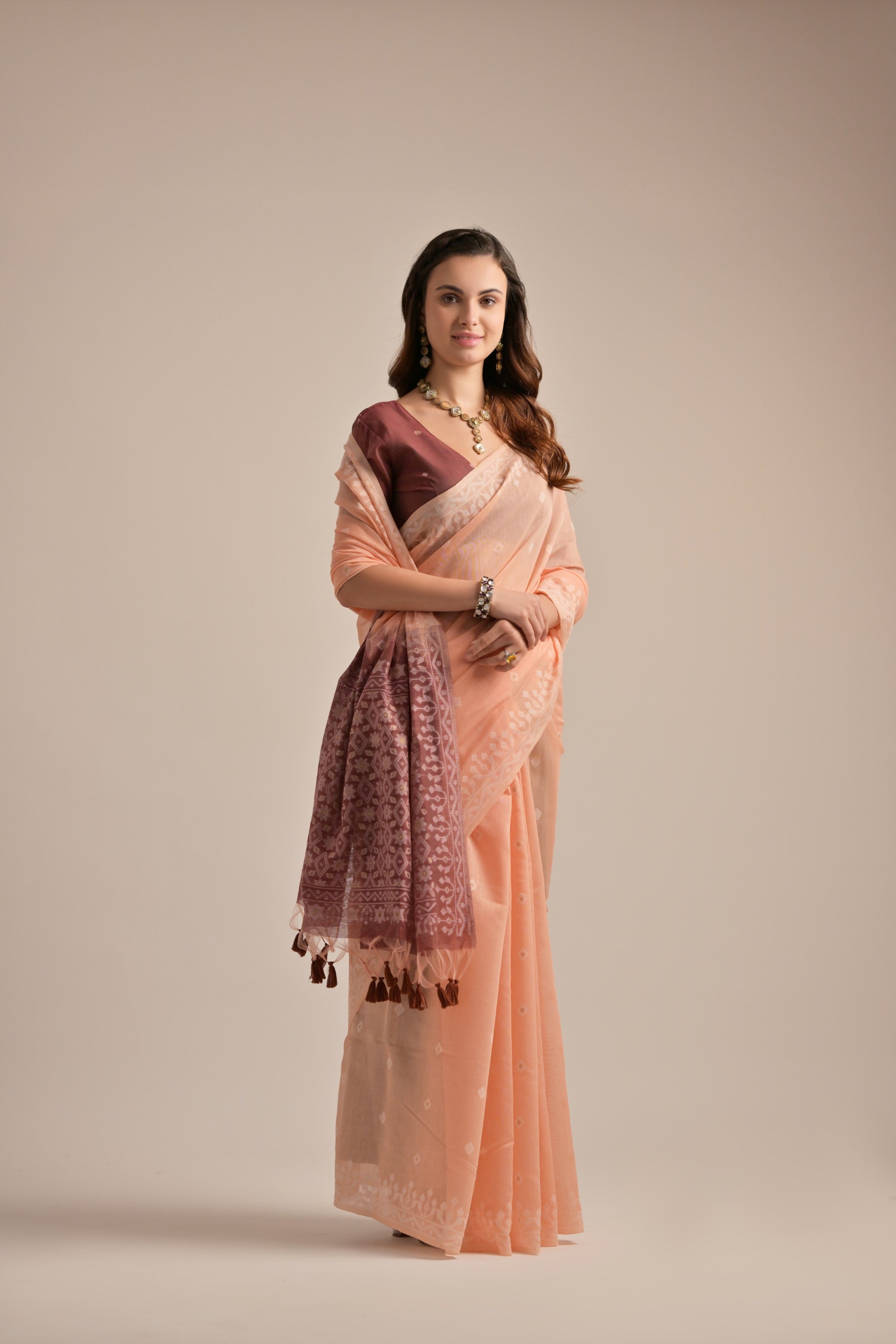 Buy MySilkLove Rose Bud Peach Lucknowi Woven Muga Cotton Saree Online