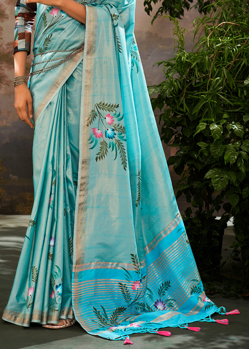 Buy MySilkLove Artic Blue Hand Painted Linen Silk Saree Online