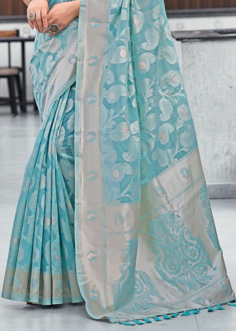 Buy MySilkLove Sea Blue Lucknowi Linen Cotton Saree Online