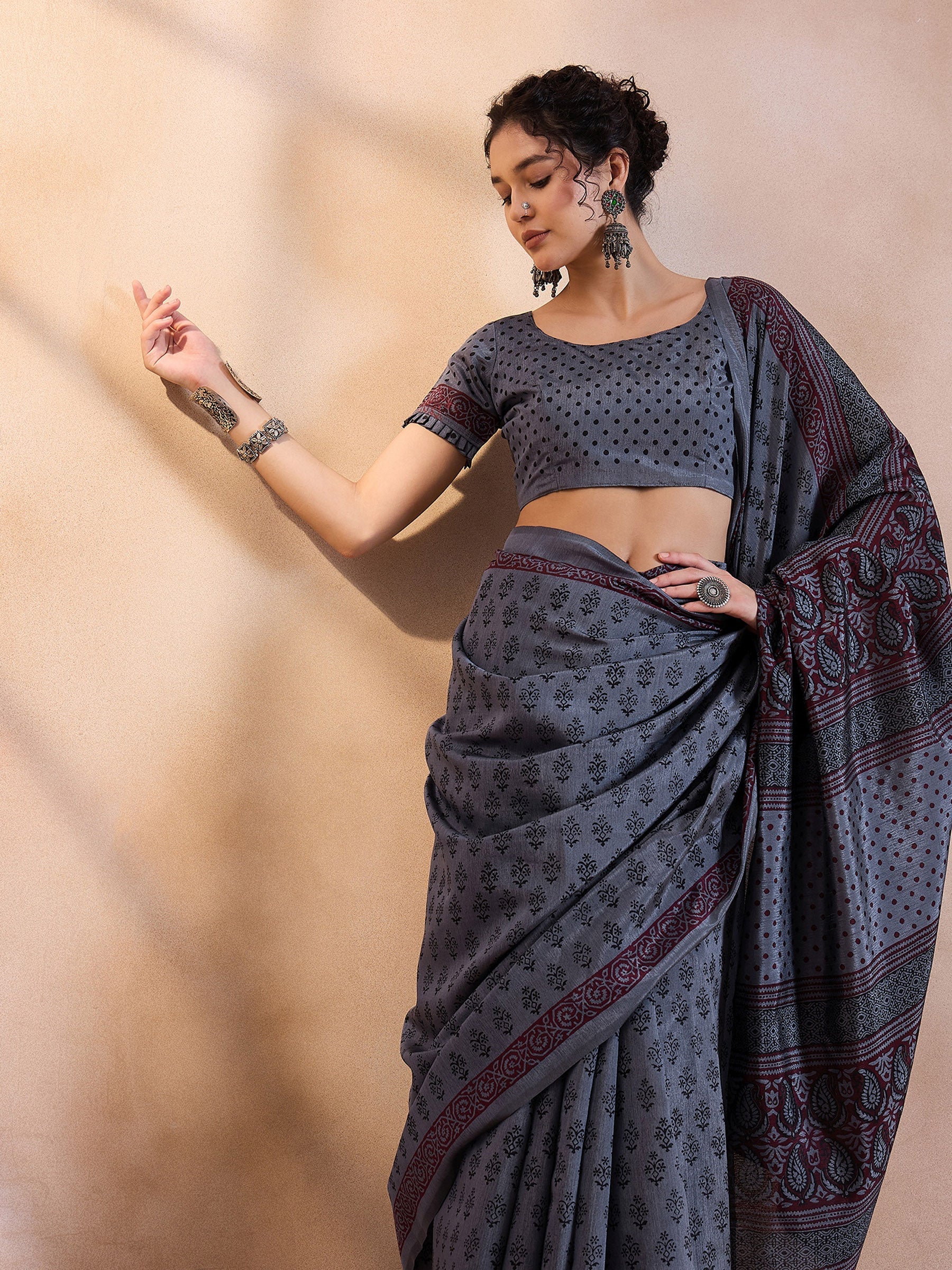 Buy MySilkLove Ship Grey Printed Dola Silk Saree Online