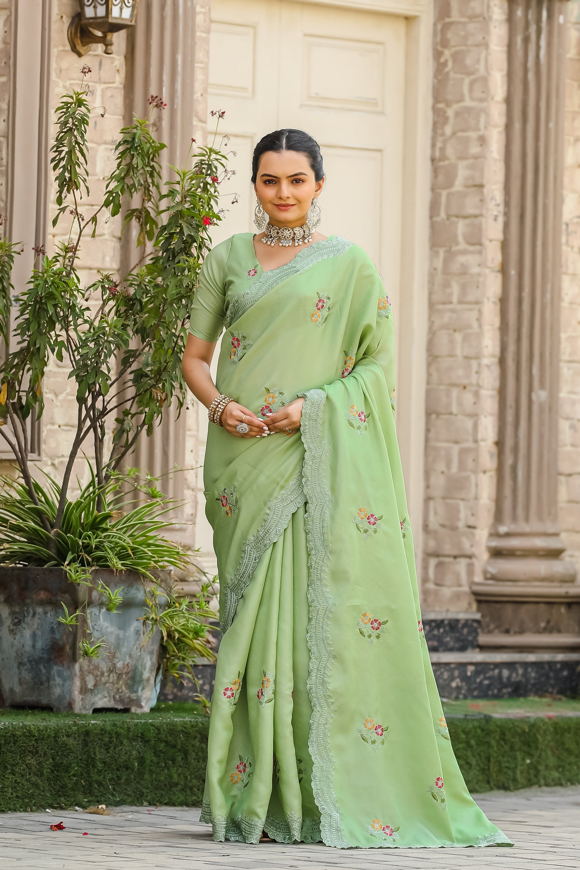 Buy MySilkLove Pista Green Embroidery Tussar Cotton Saree Online