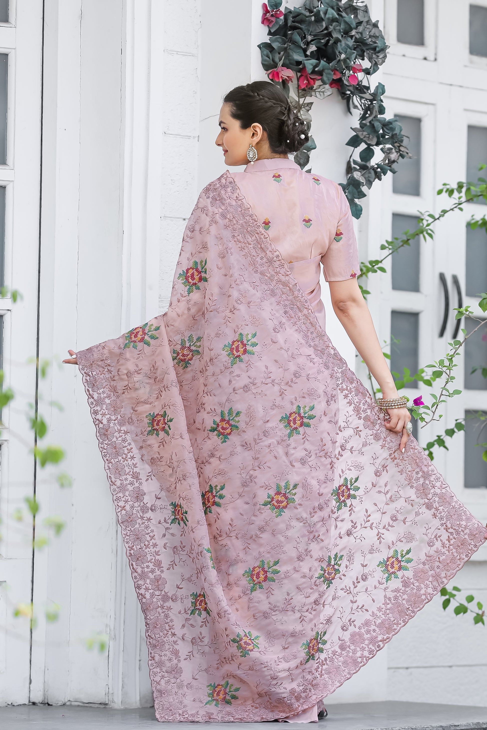 Buy MySilkLove Old Pink Embroidered Chiffon Silk Saree Online