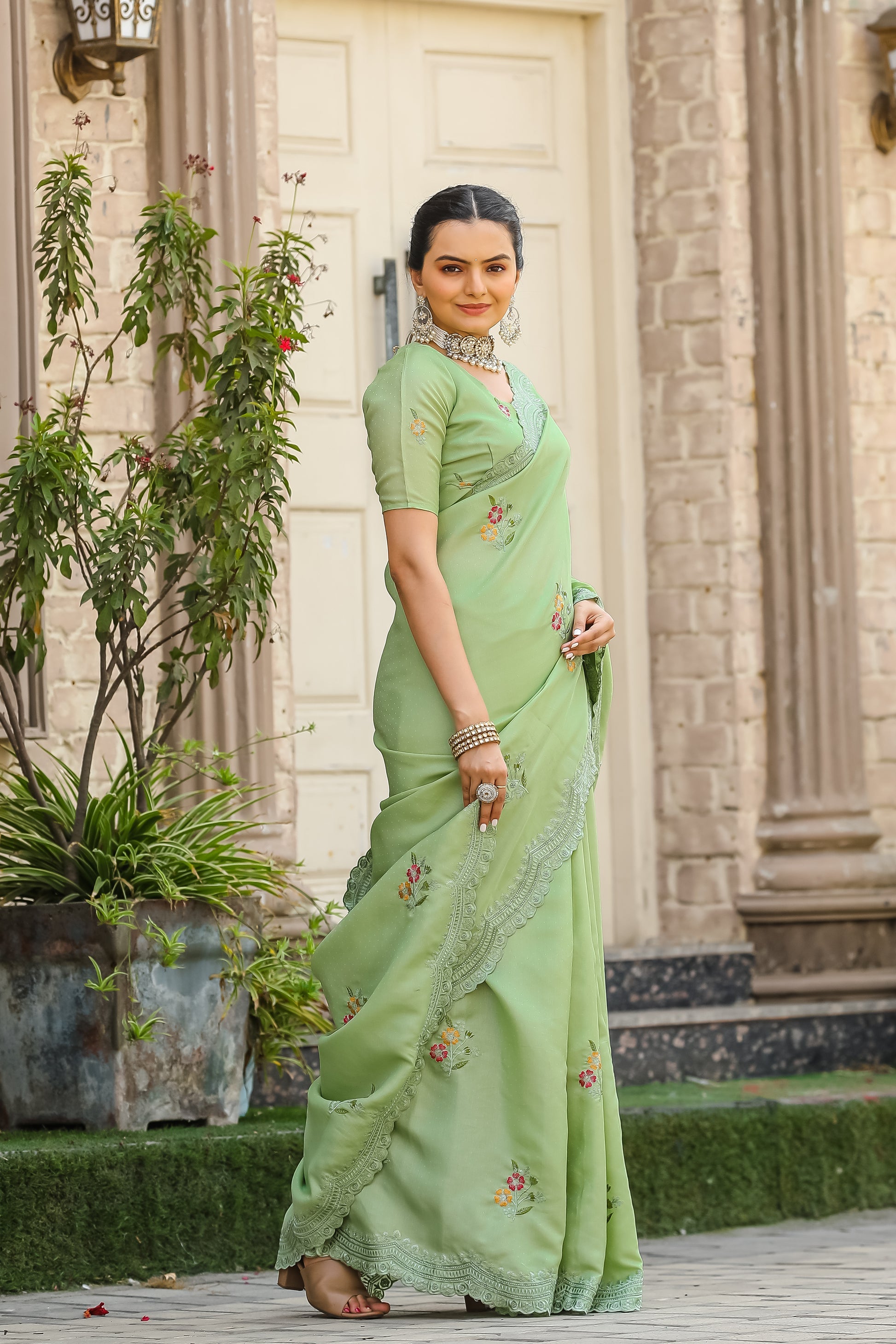 MySilkLove Pista Green Embroidery Tussar Cotton Saree