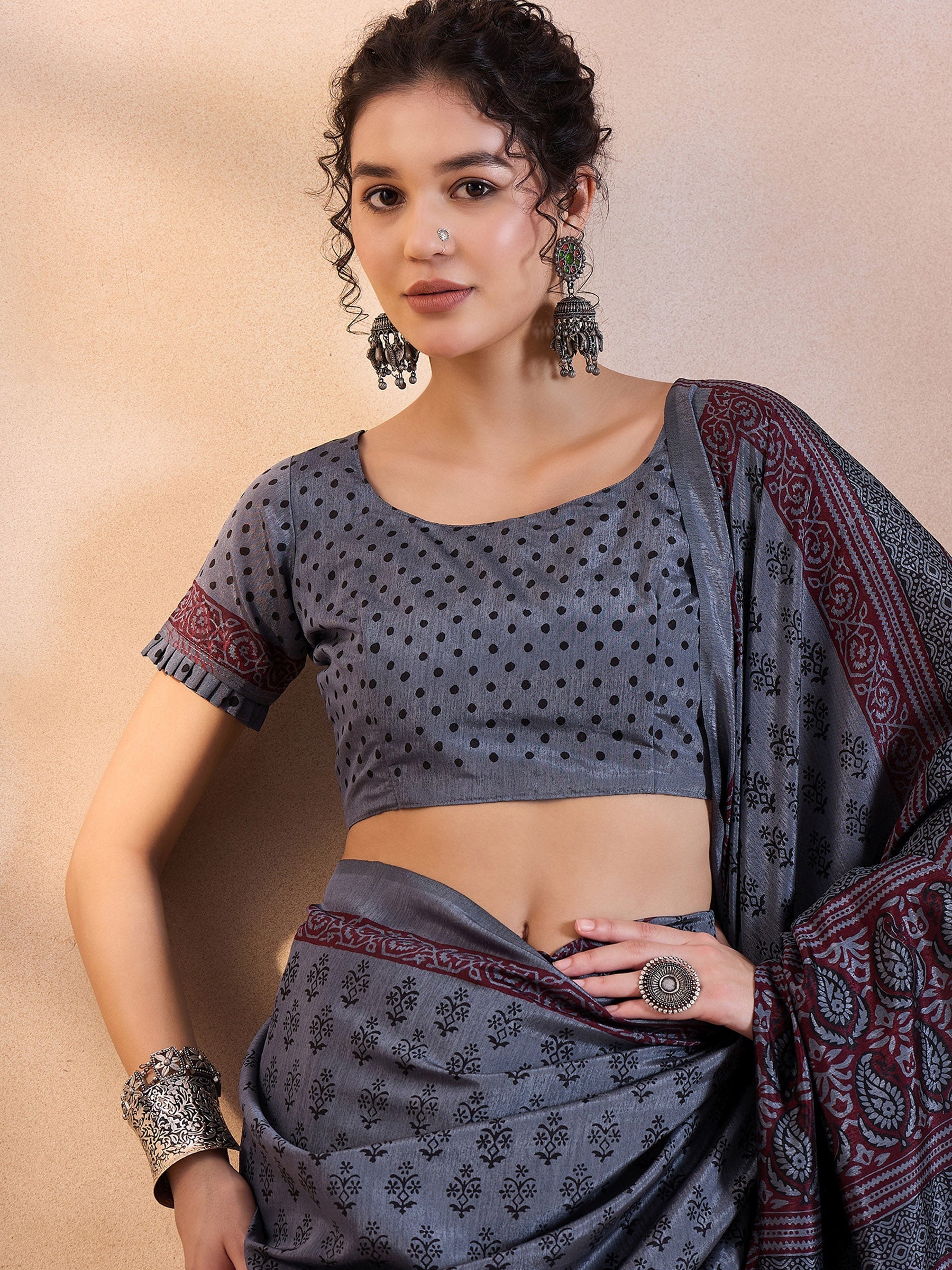 Buy MySilkLove Ship Grey Printed Dola Silk Saree Online