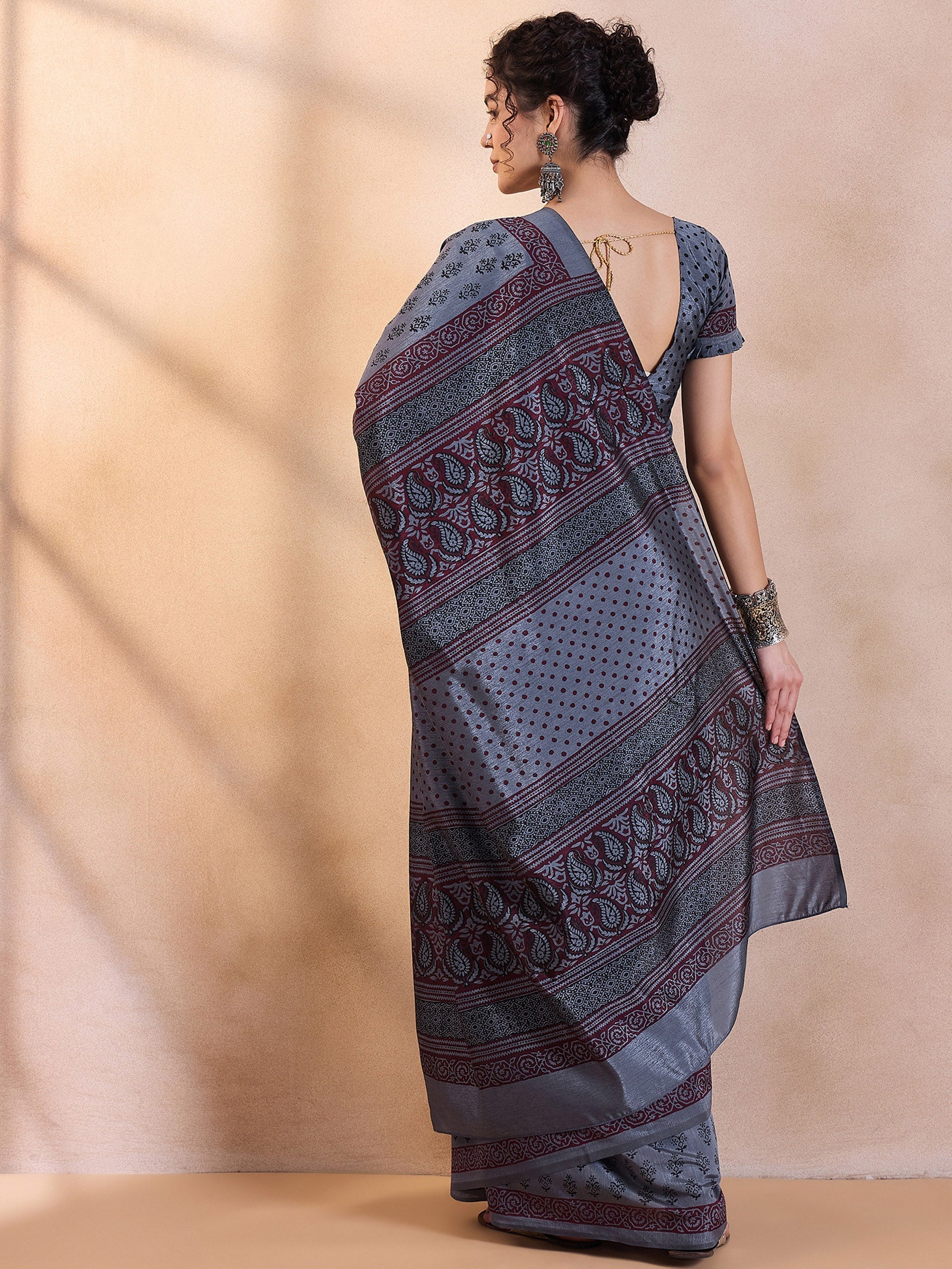 Buy MySilkLove Ship Grey Printed Dola Silk Saree Online