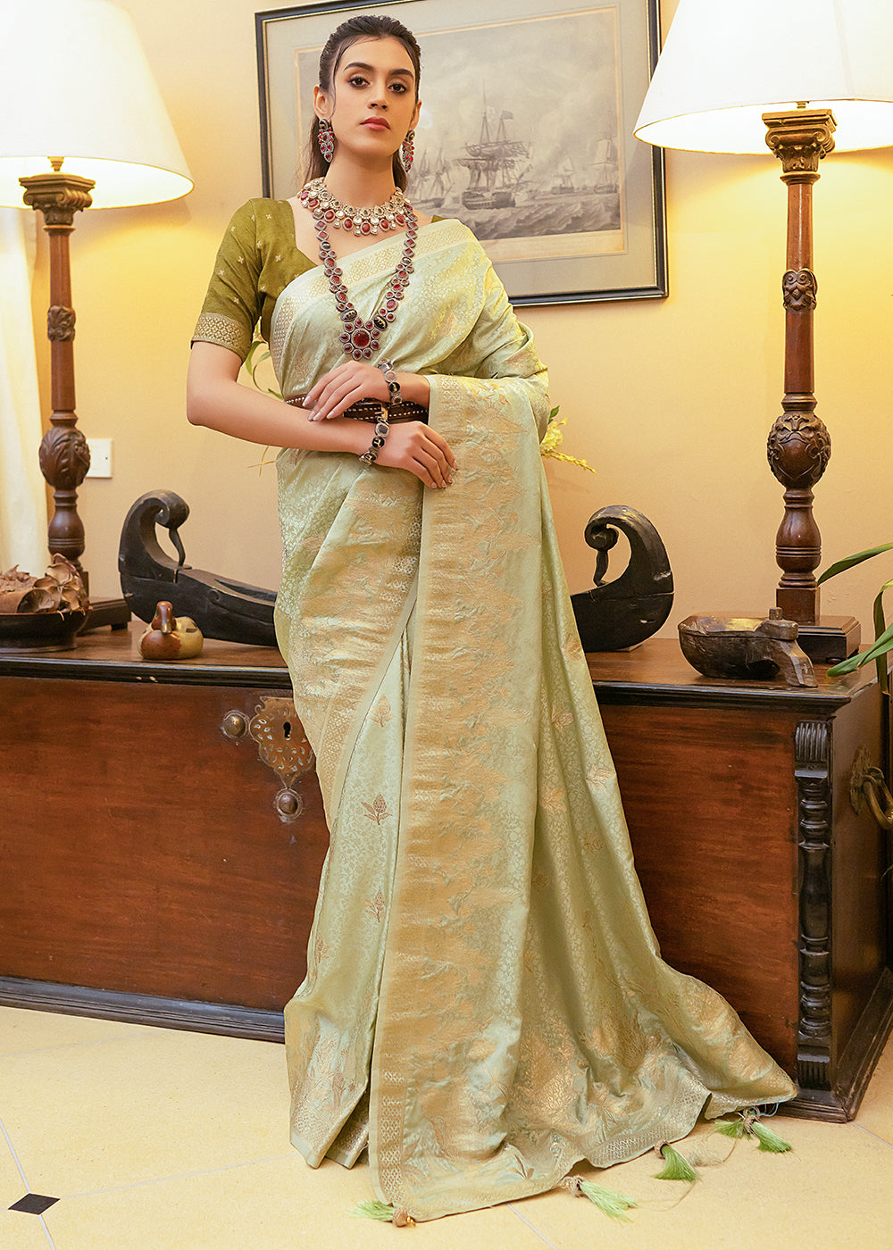 Buy MySilkLove Winter Hazel Green Woven Satin Silk Saree Online