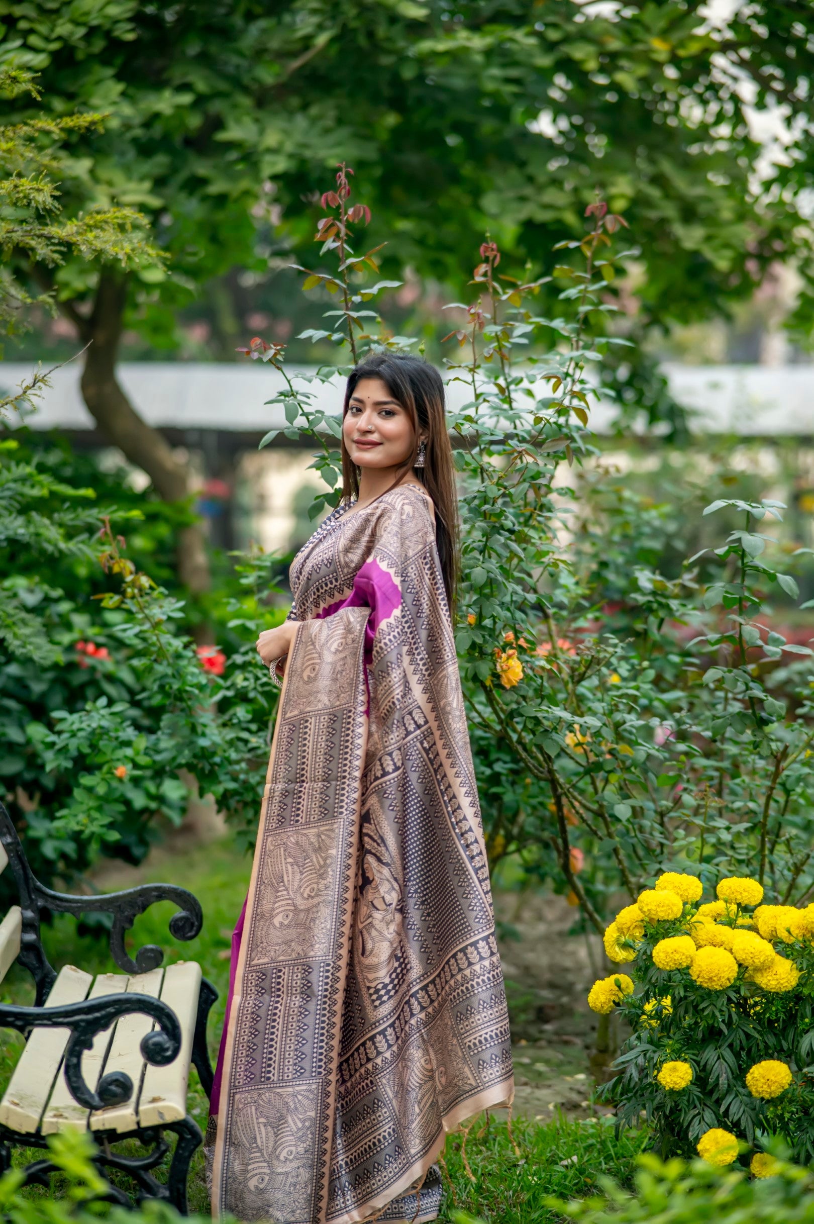 Buy MySilkLove Plum Purple Madhubani Printed Silk Saree Online