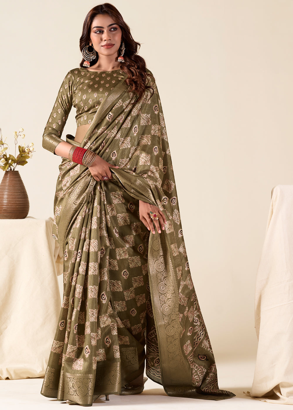 Buy MySilkLove Leather Green Banarasi Printed Soft Silk Saree Online