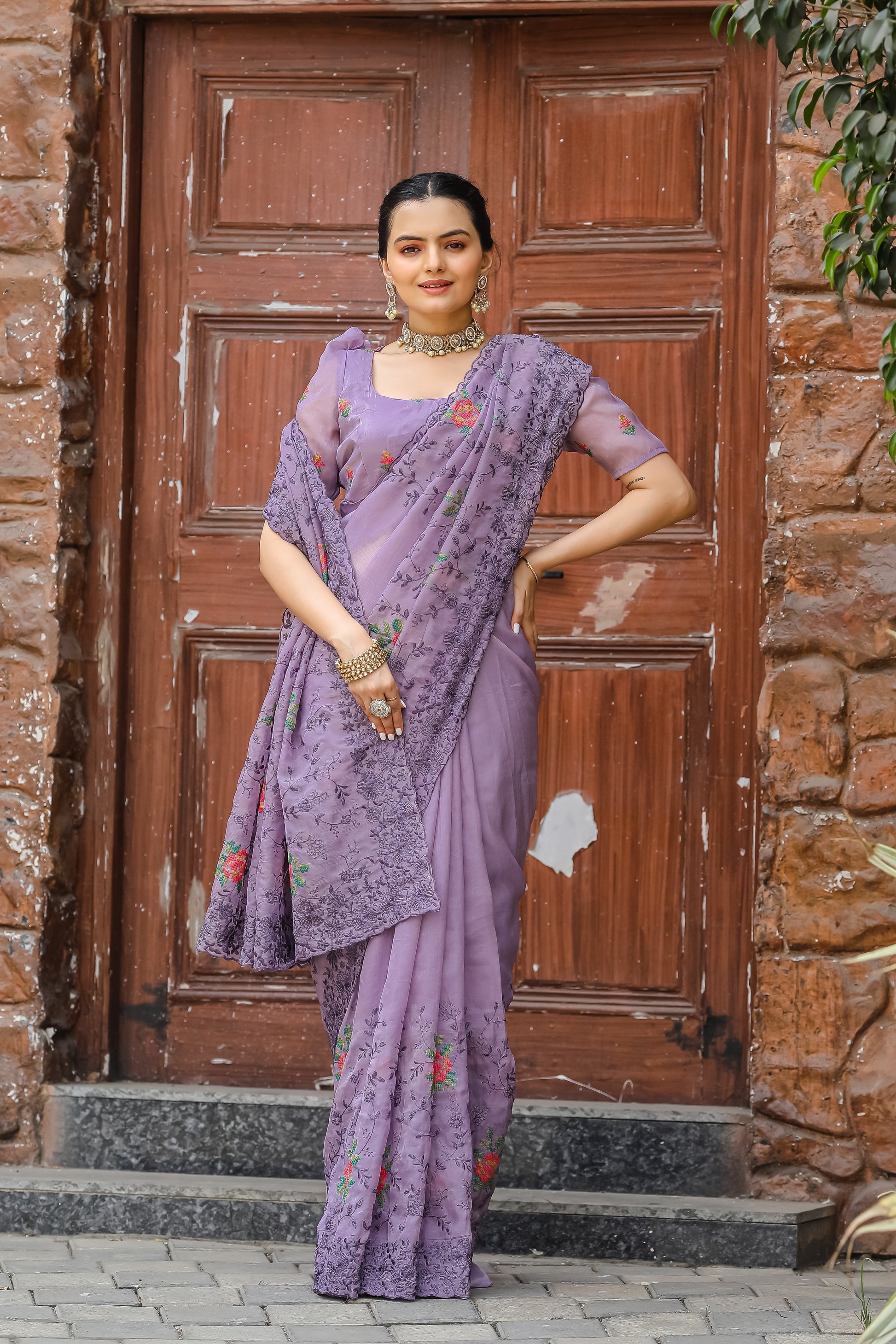 Buy MySilkLove Glossy Grape Purple Embroidered Chiffon Silk Saree Online