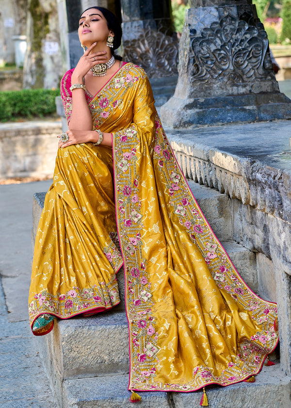 Amber Yellow Woven Designer Banarasi Embroidered Silk Saree