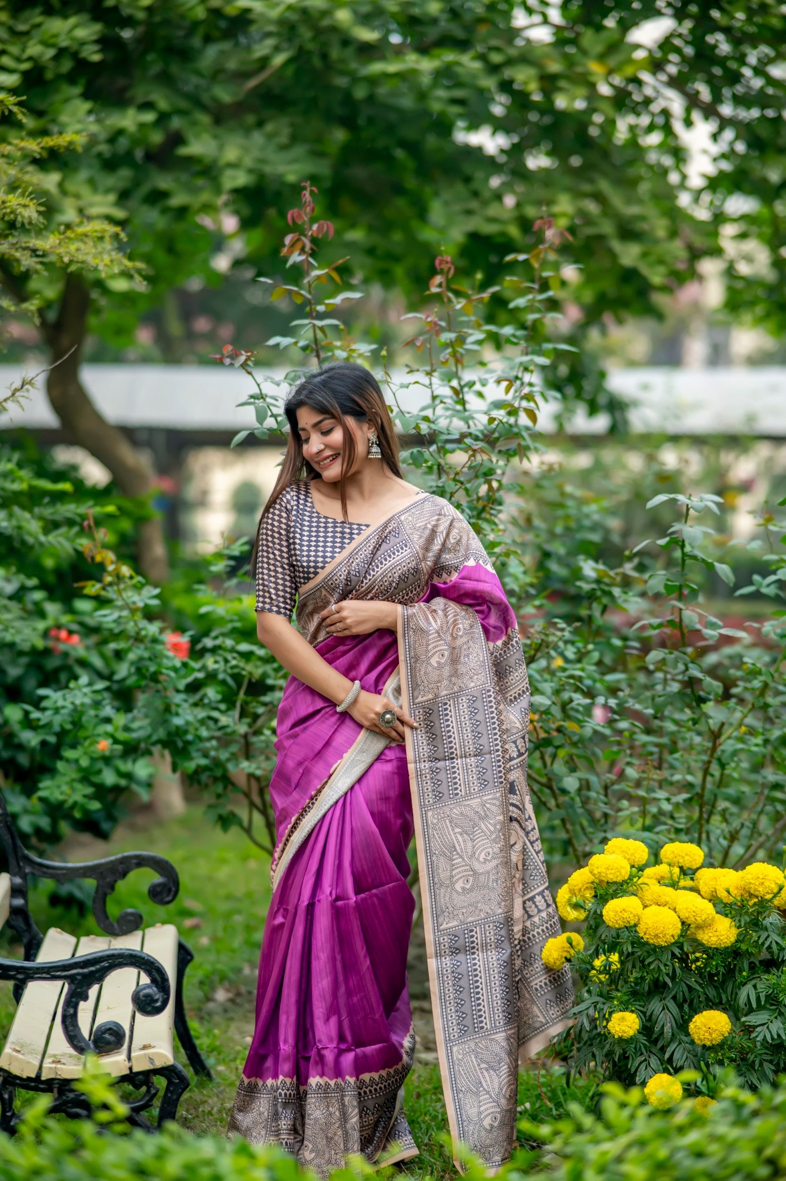 Buy MySilkLove Plum Purple Madhubani Printed Silk Saree Online