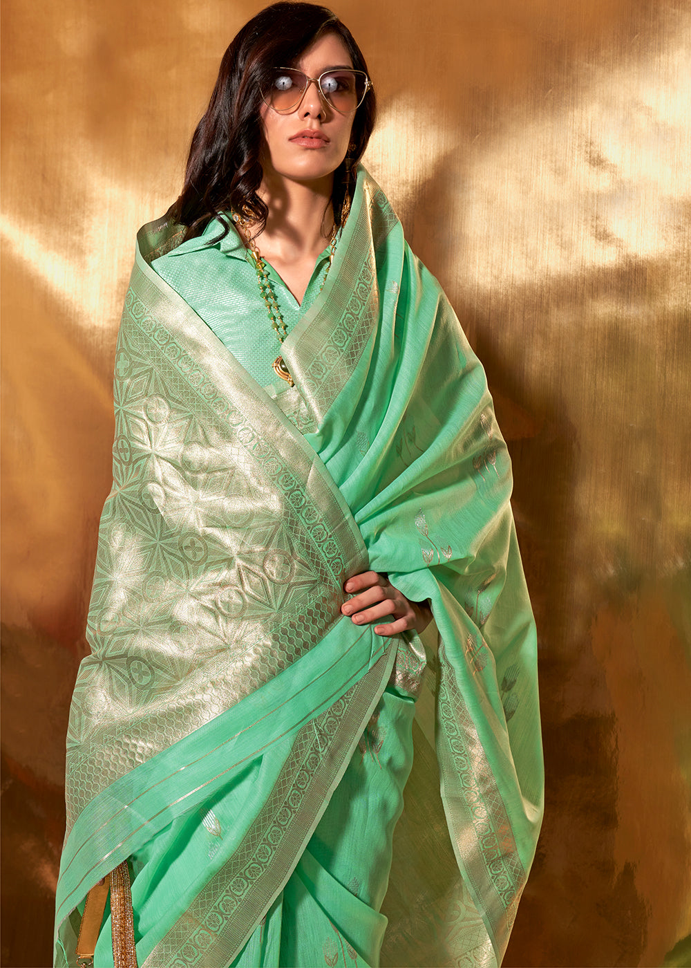 MySilkLove Fringy Flower Green Handloom Linen Cotton Saree