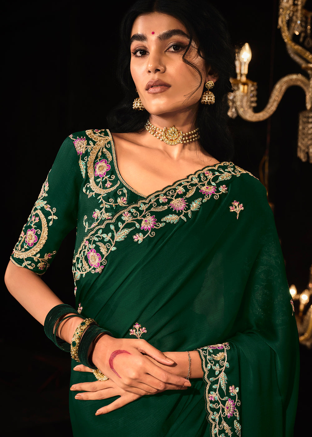 MySilkLove Bush Green Embroidered Designer Satin Silk Saree